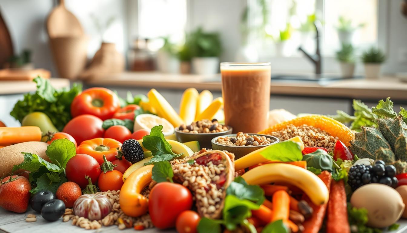 A vibrant, nourishing spread of wholesome, plant-based foods occupies the foreground, including a variety of fresh fruits, crisp vegetables, hearty whole grains, and protein-rich legumes. In the middle ground, a glass of refreshing water and a smoothie brimming with nutrient-dense ingredients sit alongside a small bowl of mixed nuts and seeds. The background features a bright, airy kitchen setting with natural lighting streaming in, conveying a sense of wellness and vitality. The overall scene exudes a mood of mindful, balanced nutrition that energizes and sustains the body. A vibrant, nourishing spread of wholesome, plant-based foods occupies the foreground, including a variety of fresh fruits, crisp vegetables, hearty whole grains, and protein-rich legumes. In the middle ground, a glass of refreshing water and a smoothie brimming with nutrient-dense ingredients sit alongside a small bowl of mixed nuts and seeds. The background features a bright, airy kitchen setting with natural lighting streaming in, conveying a sense of wellness and vitality. The overall scene exudes a mood of mindful, balanced nutrition that energizes and sustains the body.