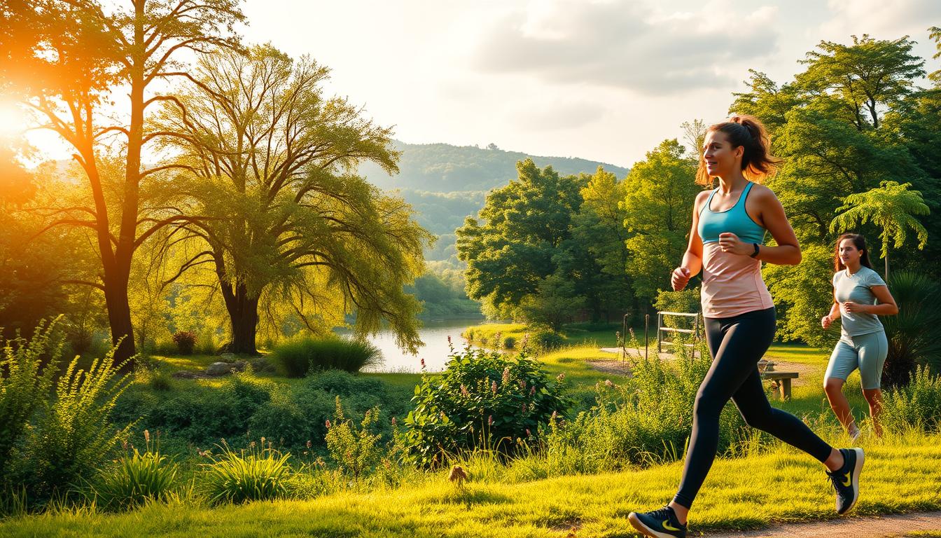 A vibrant outdoor scene showcasing various natural ways to boost metabolism and burn fat. In the foreground, a person is engaged in light physical activity like walking, jogging, or stretching. The middle ground features a lush, verdant landscape with towering trees, flourishing vegetation, and a serene body of water. Warm, natural lighting bathes the scene, creating a calming and rejuvenating atmosphere. In the background, subtle hints of everyday tasks like gardening, yard work, or household chores suggest how non-exercise activity can contribute to increased calorie burn and a healthier lifestyle. The composition emphasizes the integration of natural movement and everyday living as effective, sustainable approaches to boost metabolism and shed excess fat.