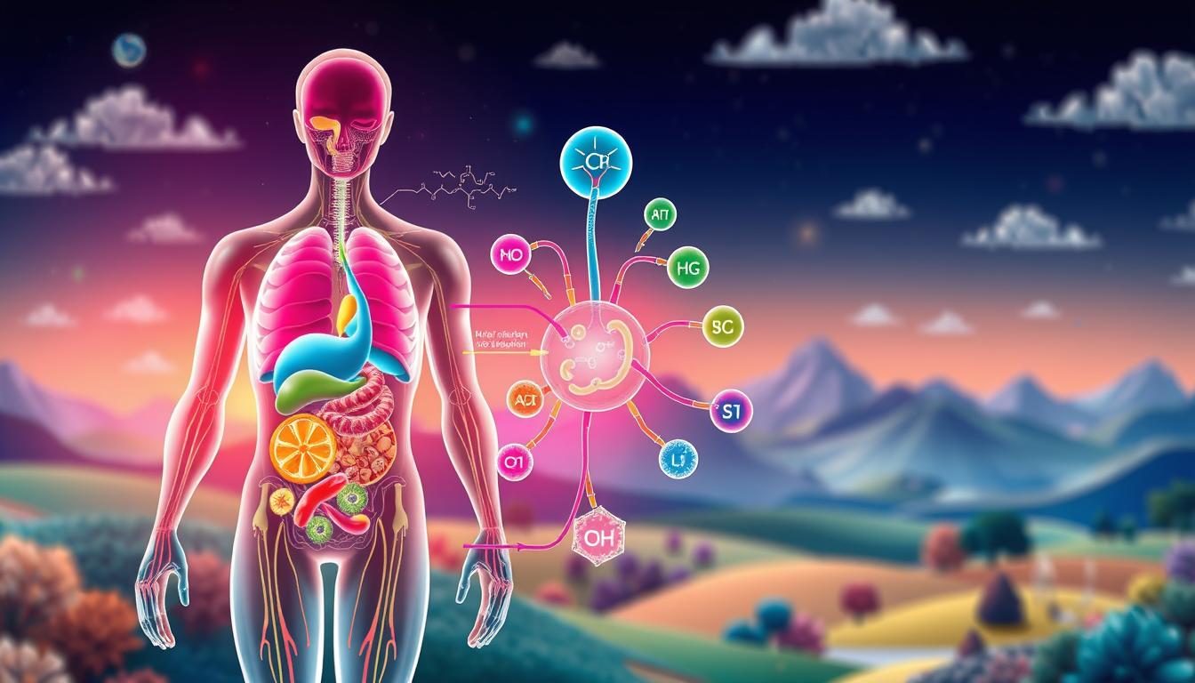 A vibrant, photorealistic illustration depicting the concept of metabolism. In the foreground, a detailed anatomical diagram showcases the key metabolic processes within the human body, with a focus on energy production, nutrient absorption, and waste elimination. The middle ground features dynamic visualizations of metabolic pathways, enzymes, and hormones, all working in harmony to regulate the body's functions. In the background, a stylized landscape represents the broader environmental and lifestyle factors that influence metabolism, such as diet, physical activity, and stress levels. The overall composition conveys a sense of balance, interconnectedness, and the importance of understanding metabolism for maintaining optimal health and well-being. A vibrant, photorealistic illustration depicting the concept of metabolism. In the foreground, a detailed anatomical diagram showcases the key metabolic processes within the human body, with a focus on energy production, nutrient absorption, and waste elimination. The middle ground features dynamic visualizations of metabolic pathways, enzymes, and hormones, all working in harmony to regulate the body's functions. In the background, a stylized landscape represents the broader environmental and lifestyle factors that influence metabolism, such as diet, physical activity, and stress levels. The overall composition conveys a sense of balance, interconnectedness, and the importance of understanding metabolism for maintaining optimal health and well-being.