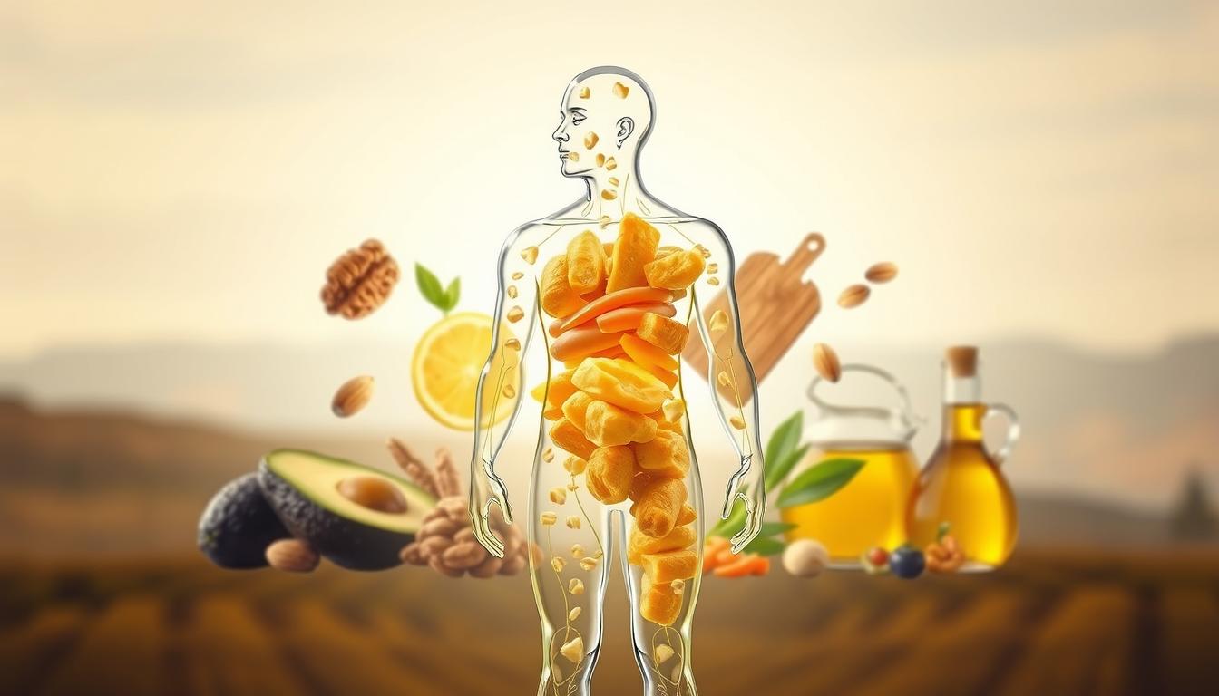 A vibrant, photorealistic illustration showcasing the role of fats in weight loss. In the foreground, a transparent human figure made of various fat molecules, representing the body's fat composition. Behind it, a dynamic display of different healthy fats, such as avocado, nuts, and olive oil, illuminated by a warm, natural lighting. In the background, a blurred, minimalist landscape, emphasizing the focus on the central figures. The overall composition conveys the intricate relationship between fats and their impact on weight management, with a visually striking and informative depiction.