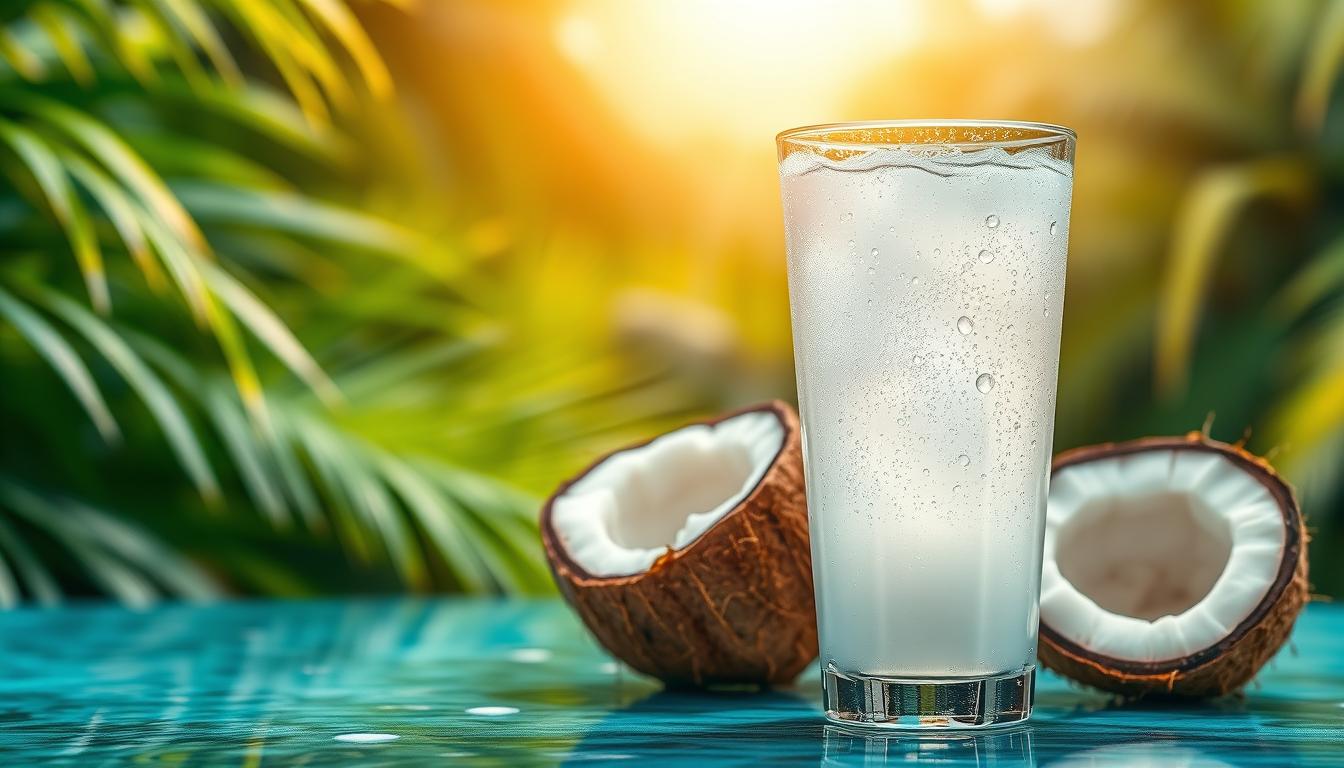 A vibrant, photorealistic image of a glass filled with refreshing coconut water, set against a lush, tropical background. In the foreground, the glass is sweating, with droplets of condensation glistening on its surface. The coconut water itself is crystal clear, with a hint of the coconut flesh visible within. Surrounding the glass are a few fresh coconut halves, their husks cracked open to reveal the white meat and dark eyes. Overhead, a warm, golden light bathes the scene, creating a calming, natural atmosphere. The overall composition emphasizes the hydrating and electrolyte-rich properties of this natural, nourishing beverage.