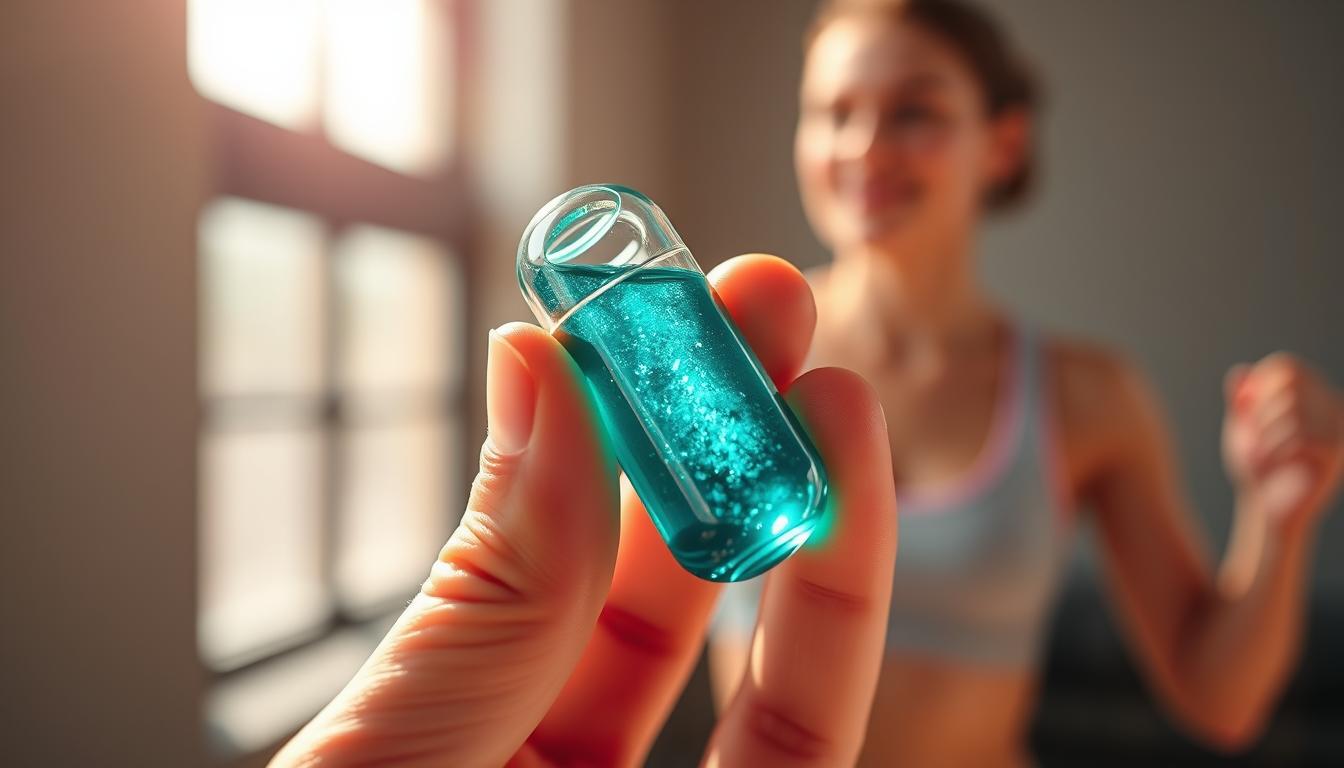 A vibrant, photorealistic image of a human hand holding a transparent glass capsule filled with shimmering blue-green liquid, representing the "Mitolyn" supplement. In the background, a blurred image of a healthy-looking person engaged in physical activity, symbolizing the intended benefits of the product. The lighting is warm and natural, highlighting the clarity and allure of the capsule. The composition emphasizes the interplay between the supplement and its potential effects on the user's well-being, while conveying a sense of caution and consideration of any potential side effects.