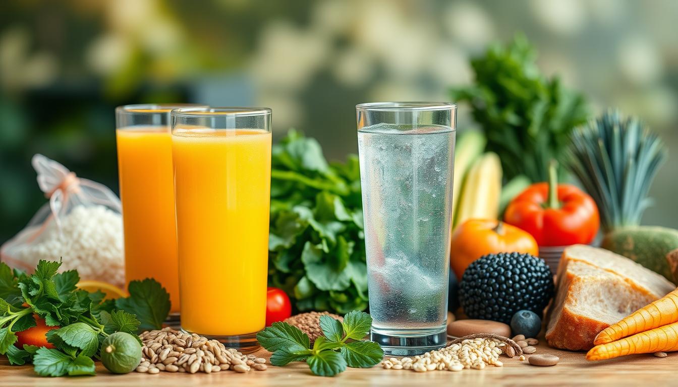 A vibrant, photorealistic image of healthy foods and beverages arranged in a balanced, harmonious composition. In the foreground, a glass of clear, sparkling water and a glass of freshly squeezed orange juice take center stage, reflecting the importance of hydration. In the middle ground, an assortment of colorful, nutrient-dense foods such as leafy greens, colorful vegetables, whole grains, and lean proteins are displayed, showcasing the key elements of a balanced diet. The background features a soft, blurred natural setting, evoking a sense of wellness and vitality. The lighting is natural and indirect, creating a warm, inviting atmosphere. The camera angle is slightly elevated, providing an appetizing and aspirational perspective on the scene. A vibrant, photorealistic image of healthy foods and beverages arranged in a balanced, harmonious composition. In the foreground, a glass of clear, sparkling water and a glass of freshly squeezed orange juice take center stage, reflecting the importance of hydration. In the middle ground, an assortment of colorful, nutrient-dense foods such as leafy greens, colorful vegetables, whole grains, and lean proteins are displayed, showcasing the key elements of a balanced diet. The background features a soft, blurred natural setting, evoking a sense of wellness and vitality. The lighting is natural and indirect, creating a warm, inviting atmosphere. The camera angle is slightly elevated, providing an appetizing and aspirational perspective on the scene.