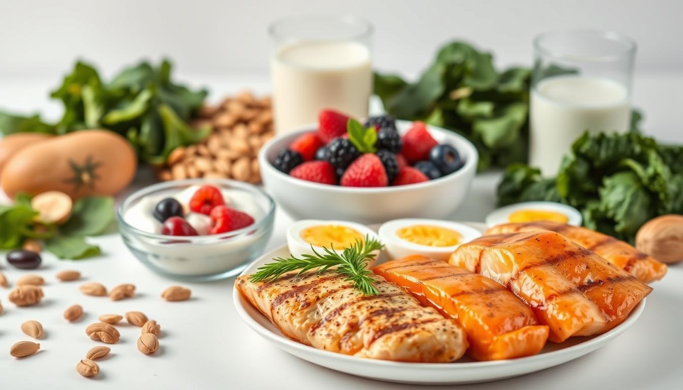A vibrant, photorealistic image of various high-protein foods arranged on a clean, white background. In the foreground, a plate showcases grilled chicken, salmon fillets, and hard-boiled eggs. In the middle ground, a bowl of Greek yogurt with fresh berries, and a glass of milk. In the background, leafy greens, such as spinach and kale, alongside nuts and seeds. The lighting is soft and diffused, accentuating the natural colors and textures of the ingredients. The overall composition emphasizes the abundance and nutritional value of protein-rich foods that can support weight loss by promoting satiety. A vibrant, photorealistic image of various high-protein foods arranged on a clean, white background. In the foreground, a plate showcases grilled chicken, salmon fillets, and hard-boiled eggs. In the middle ground, a bowl of Greek yogurt with fresh berries, and a glass of milk. In the background, leafy greens, such as spinach and kale, alongside nuts and seeds. The lighting is soft and diffused, accentuating the natural colors and textures of the ingredients. The overall composition emphasizes the abundance and nutritional value of protein-rich foods that can support weight loss by promoting satiety.