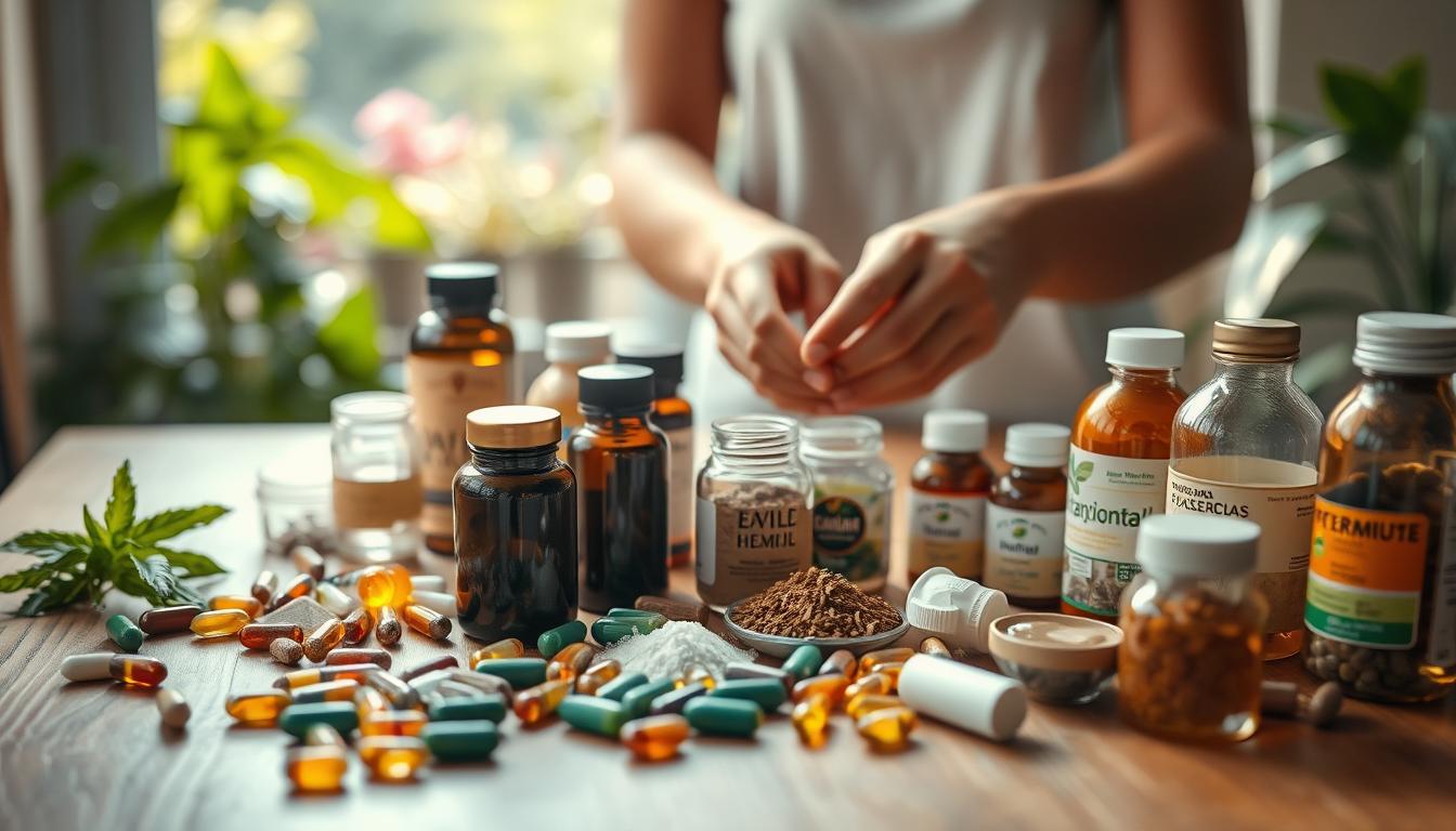 A vibrant scene depicting the careful selection of natural supplements. In the foreground, an assortment of various herbal capsules, powders, and tinctures are neatly arranged on a wooden table, illuminated by soft, natural lighting. In the middle ground, a person's hands carefully examines and compares the different supplements, considering their benefits and potential interactions. The background features a serene, natural setting, such as a lush garden or a sunlit window, evoking a sense of wellness and holistic healing. The overall atmosphere conveys a thoughtful, informed approach to choosing the right natural supplement for one's needs.