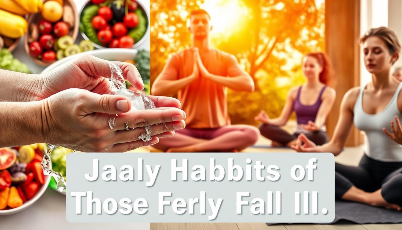 A vibrant scene depicting the daily habits of those who rarely fall ill. In the foreground, a person diligently washing their hands with soap and water against a backdrop of wholesome, nutrient-rich meals. In the middle ground, an individual performing light exercise, such as yoga or tai chi, amidst a serene, sunlit environment. In the background, a group of people engaging in mindful meditation, their faces radiating a sense of calm and inner peace. The overall composition conveys a harmonious balance of self-care, healthy eating, physical activity, and mental well-being - the cornerstones of a lifestyle that promotes resilience against illness. A vibrant scene depicting the daily habits of those who rarely fall ill. In the foreground, a person diligently washing their hands with soap and water against a backdrop of wholesome, nutrient-rich meals. In the middle ground, an individual performing light exercise, such as yoga or tai chi, amidst a serene, sunlit environment. In the background, a group of people engaging in mindful meditation, their faces radiating a sense of calm and inner peace. The overall composition conveys a harmonious balance of self-care, healthy eating, physical activity, and mental well-being - the cornerstones of a lifestyle that promotes resilience against illness.
