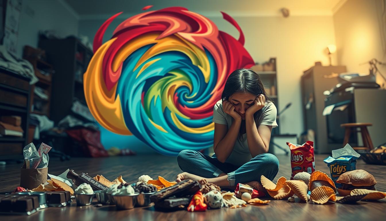 A vibrant scene depicting the emotional eating cycle. In the foreground, a person sits on the floor, surrounded by various comfort foods - chocolate, ice cream, chips, and other snacks. Their expression conveys a mixture of guilt, sadness, and a sense of losing control. In the middle ground, the person's emotions are visually represented as a swirling vortex of turbulent colors, symbolizing the internal struggle. The background features a dimly lit, cluttered room, suggesting a sense of isolation and a lack of self-care. The overall atmosphere evokes a sense of the cyclical nature of emotional eating and its impact on weight management. A vibrant scene depicting the emotional eating cycle. In the foreground, a person sits on the floor, surrounded by various comfort foods - chocolate, ice cream, chips, and other snacks. Their expression conveys a mixture of guilt, sadness, and a sense of losing control. In the middle ground, the person's emotions are visually represented as a swirling vortex of turbulent colors, symbolizing the internal struggle. The background features a dimly lit, cluttered room, suggesting a sense of isolation and a lack of self-care. The overall atmosphere evokes a sense of the cyclical nature of emotional eating and its impact on weight management.