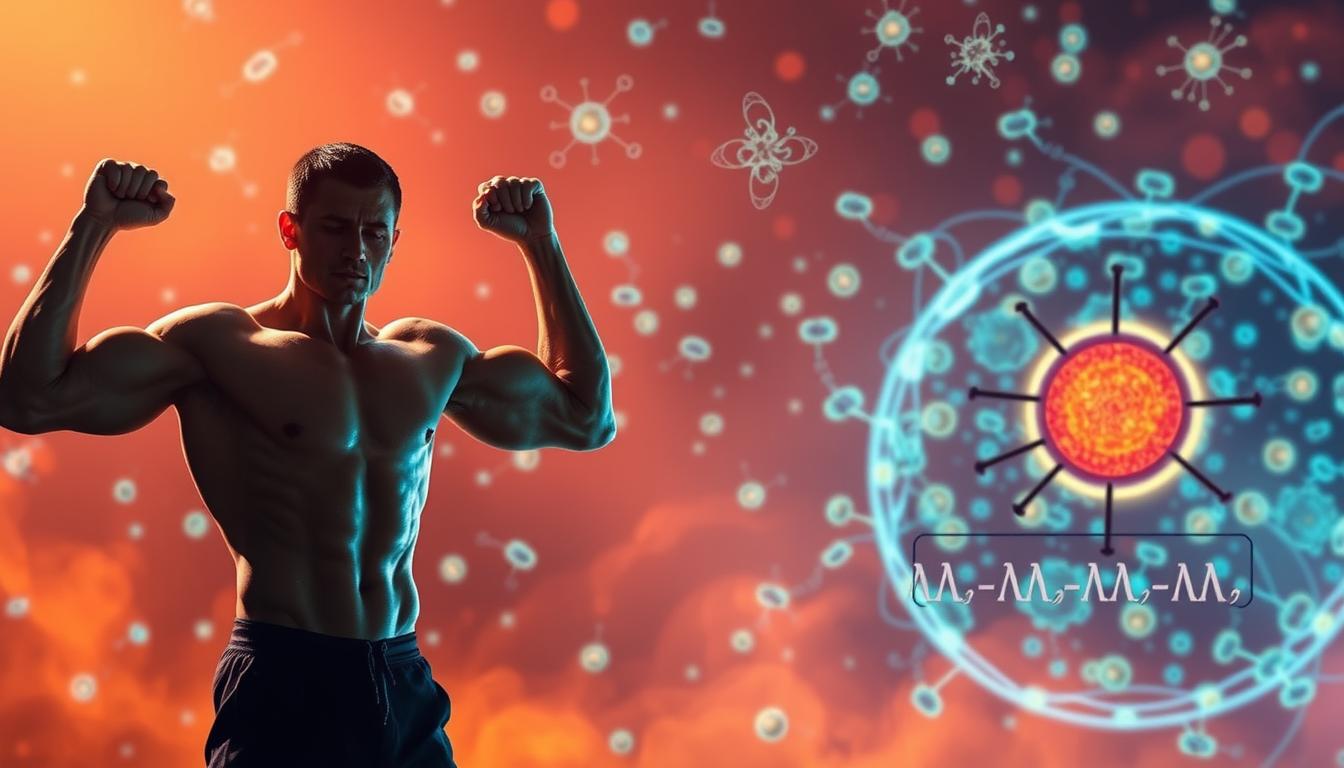 A vibrant scene depicting the interplay between exercise and mitochondrial biogenesis. In the foreground, a figure performing a dynamic weightlifting exercise, their muscles straining with effort. Surrounding them, an intricate network of glowing mitochondria, the powerhouses of the cell, pulsing with energy. In the middle ground, a schematic representation of the molecular mechanisms of mitochondrial biogenesis, with cascading arrows and diagrams. The background is a wash of warm, saturated colors, suggesting the heightened metabolic activity and cellular rejuvenation that exercise can stimulate. The overall impression is one of vigor, vitality, and the synergistic relationship between physical activity and the body's cellular energy production.