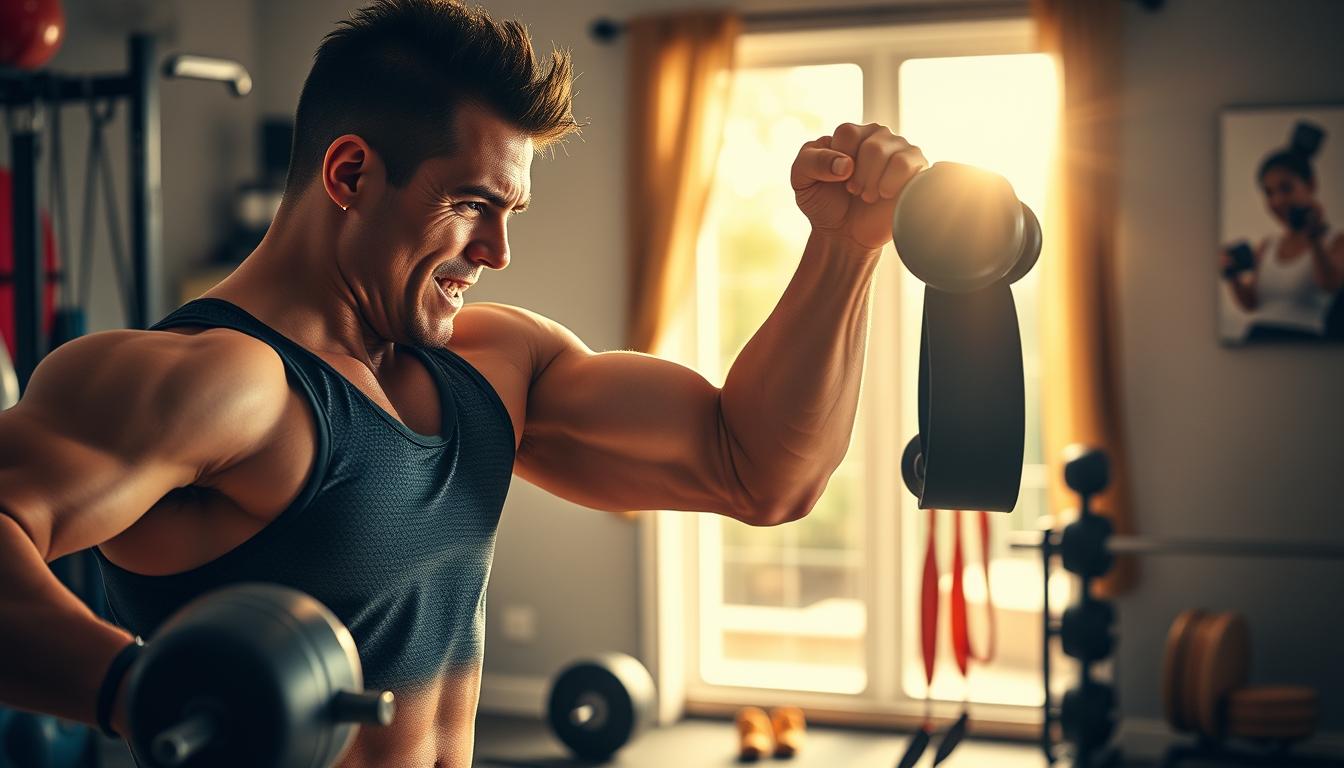 A vibrant scene of a determined fitness enthusiast, captured mid-workout with fierce focus. In the foreground, a muscular figure dressed in sleek athletic gear performs a challenging resistance exercise, their face reflecting steely determination. The middle ground showcases an array of motivational fitness equipment, from free weights to resistance bands, suggesting a well-equipped home gym. In the background, a sun-drenched window frames the scene, casting a warm, inspiring glow and hinting at the energizing natural light that permeates the space. The overall atmosphere exudes a sense of empowerment, discipline, and the thrill of personal progress, perfectly encapsulating the "Stay Motivated with Accountability and Variety" theme.