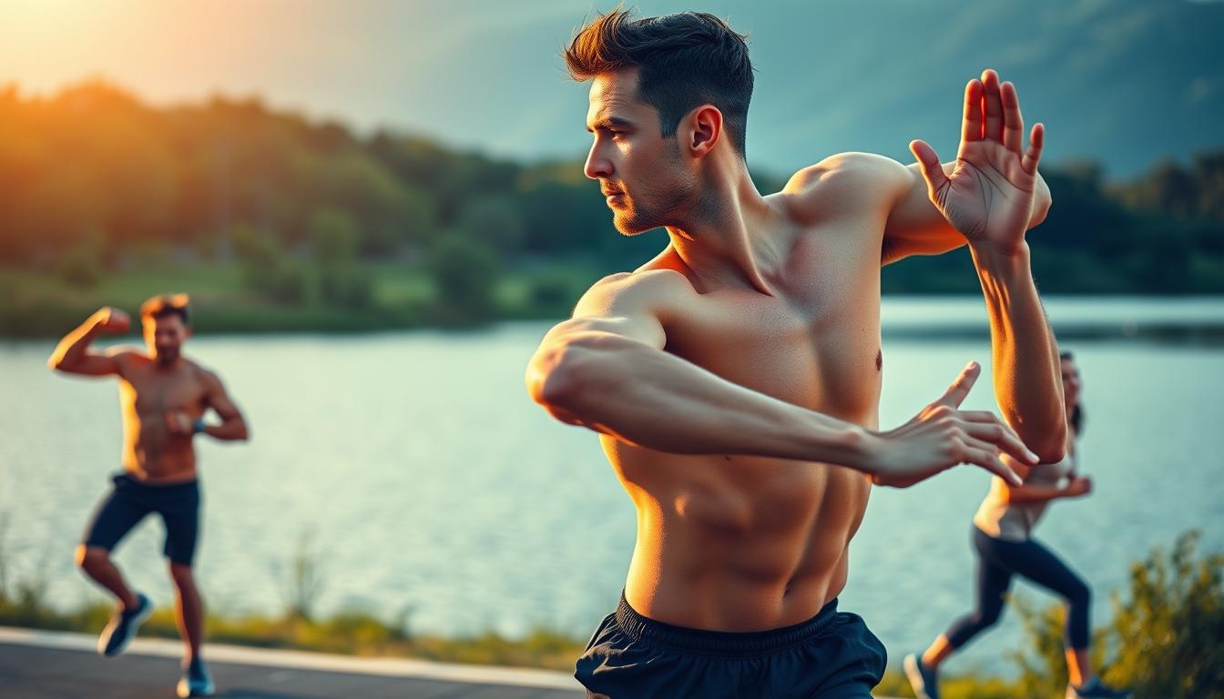 A vibrant scene of a man engaged in an energetic exercise routine for improved heart health and vitality. In the foreground, the man performs dynamic stretches, his muscular physique accentuated by the warm, golden lighting. In the middle ground, he transitions into a series of high-intensity cardio exercises, sweat glistening on his brow. The background depicts a tranquil, natural setting, with lush greenery and a serene lake, creating a sense of harmony and balance. The overall atmosphere exudes a palpable energy and determination, inspiring the viewer to embark on their own journey towards greater physical well-being. A vibrant scene of a man engaged in an energetic exercise routine for improved heart health and vitality. In the foreground, the man performs dynamic stretches, his muscular physique accentuated by the warm, golden lighting. In the middle ground, he transitions into a series of high-intensity cardio exercises, sweat glistening on his brow. The background depicts a tranquil, natural setting, with lush greenery and a serene lake, creating a sense of harmony and balance. The overall atmosphere exudes a palpable energy and determination, inspiring the viewer to embark on their own journey towards greater physical well-being.
