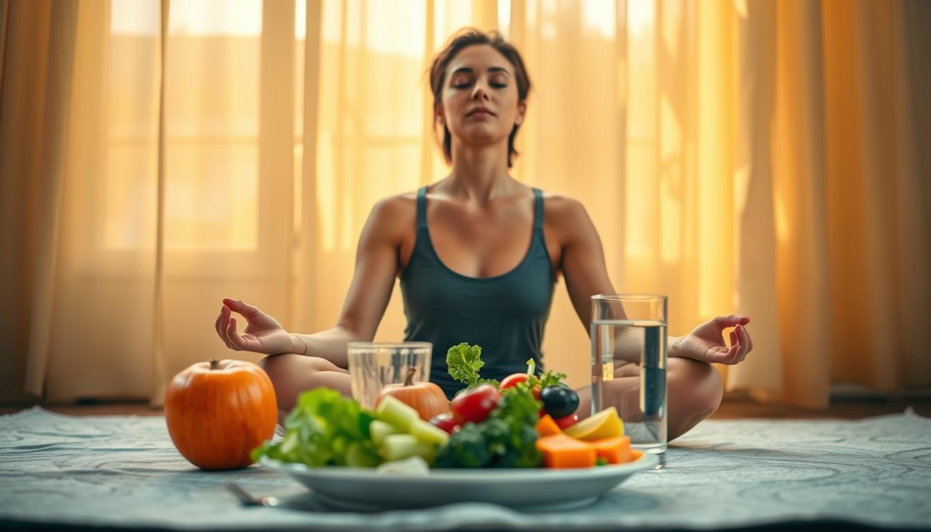 A vibrant scene of a person engaged in intermittent fasting. In the foreground, a person sits cross-legged, eyes closed, deep in meditation, their face radiating a serene, introspective expression. In the middle ground, a plate of healthy, colorful foods - fresh fruits, vegetables, and a glass of water - symbolizing the nourishing benefits of this practice. The background is bathed in a warm, golden light, creating a calming, reflective atmosphere that evokes the restorative effects of intermittent fasting on mitochondrial function. The composition is balanced, the lighting is natural and diffused, and the overall mood is one of mindfulness, rejuvenation, and harmony.