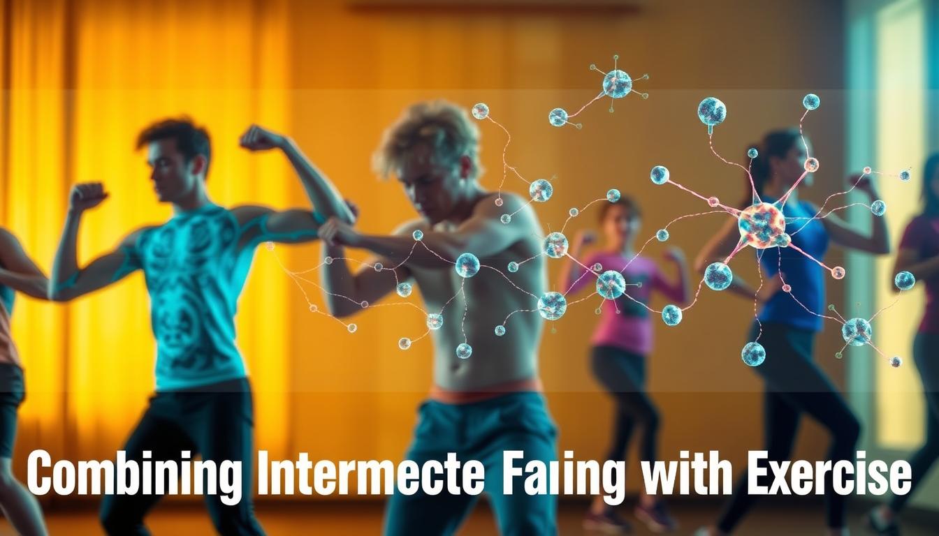 A vibrant scene of a person engaged in various exercises, with a focus on the mitochondrial function within their cells. In the foreground, the figure performs a series of dynamic movements, their muscles tensing and flexing. The middle ground features a transparent overlay depicting the intricate network of mitochondria, their dynamic structures pulsing with energy. The background blurs into a warm, ambient lighting, conveying a sense of wellness and vitality. The overall composition emphasizes the interconnectedness of physical activity and mitochondrial health, capturing the essence of the "Combining Intermittent Fasting with Exercise" section.