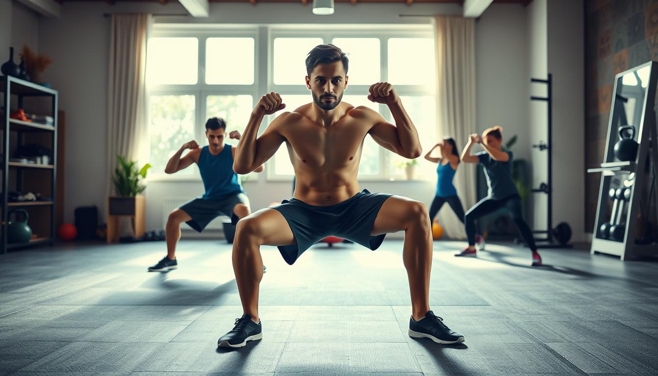 A vibrant scene of a person engaging in a dynamic exercise routine designed to promote mitochondrial health. In the foreground, the figure performs a series of lunges, their muscles flexing with energy. Middle ground showcases kettlebell swings, targeting major muscle groups. In the background, a well-equipped home gym with natural lighting streaming in, creating a warm, motivational atmosphere. The model's expression radiates determination, underscoring the importance of this exercise regimen for optimal mitochondrial function. Crisp, high-resolution detail captures the intensity and purpose of the workout, inspiring viewers to prioritize mitochondrial biogenesis through physical activity.