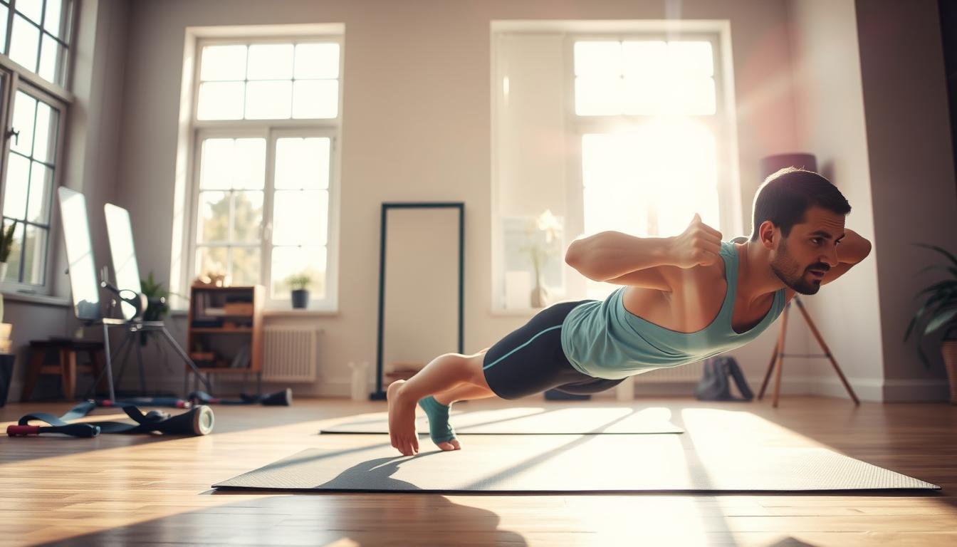 A vibrant scene of a person performing low-impact, keto-friendly exercises in a well-lit home gym. In the foreground, the individual confidently executes modified pushups, their muscles engaged. The middle ground features a yoga mat and resistance bands, suggesting a varied workout routine. In the background, sunlight streams through large windows, creating a warm, energizing atmosphere. The overall mood is one of determination and adaptability, capturing the essence of a productive first week on the keto diet with suitable exercise modifications.