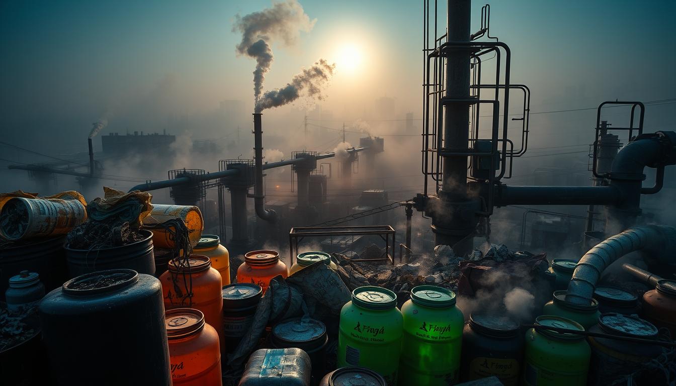 A vibrant scene of environmental toxins, captured in striking detail. In the foreground, a jumble of chemical containers and hazardous waste spills, casting an eerie glow. The middle ground features decaying infrastructure, with pipes and machinery leaking noxious fumes. In the background, a bleak cityscape shrouded in a hazy, polluted atmosphere, the sun struggling to pierce through the thick smog. The lighting is harsh, creating stark contrasts and emphasizing the sense of toxicity and decay. The image is captured with a wide-angle lens, conveying a sense of overwhelming, oppressive environmental degradation. A vibrant scene of environmental toxins, captured in striking detail. In the foreground, a jumble of chemical containers and hazardous waste spills, casting an eerie glow. The middle ground features decaying infrastructure, with pipes and machinery leaking noxious fumes. In the background, a bleak cityscape shrouded in a hazy, polluted atmosphere, the sun struggling to pierce through the thick smog. The lighting is harsh, creating stark contrasts and emphasizing the sense of toxicity and decay. The image is captured with a wide-angle lens, conveying a sense of overwhelming, oppressive environmental degradation.