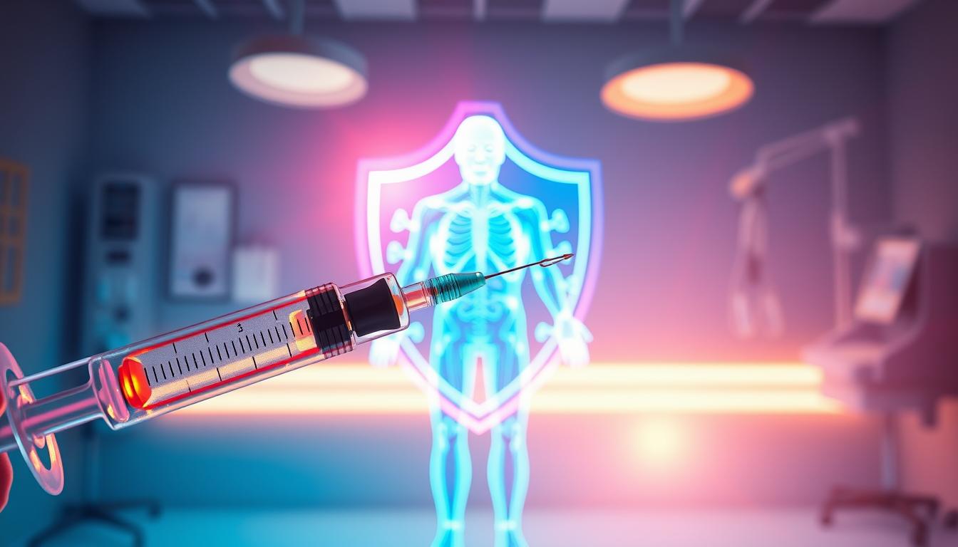 A vibrant scene of immune system protection. In the foreground, a syringe administers a vaccination against a detailed, anatomical rendering of the human immune system. Behind it, a glowing, translucent shield symbolizes the defensive powers of the body's defenses. In the background, a serene, softly-lit clinical setting with medical equipment, conveying the safety and care associated with inoculation. Warm, hopeful tones radiate throughout, highlighting the lifesaving power of preventive healthcare. A vibrant scene of immune system protection. In the foreground, a syringe administers a vaccination against a detailed, anatomical rendering of the human immune system. Behind it, a glowing, translucent shield symbolizes the defensive powers of the body's defenses. In the background, a serene, softly-lit clinical setting with medical equipment, conveying the safety and care associated with inoculation. Warm, hopeful tones radiate throughout, highlighting the lifesaving power of preventive healthcare.