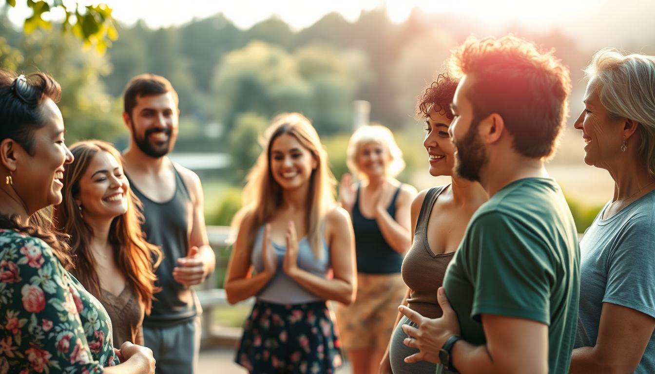 A vibrant scene of social connections in wellness. In the foreground, a group of diverse individuals engage in joyful conversation, their expressions warm and open. The middle ground depicts shared wellness activities like yoga, meditation, or group exercise, bodies in fluid motion. In the background, a serene natural setting - perhaps a lush garden, a sun-dappled forest, or a calming body of water - provides a peaceful backdrop. Soft, diffused lighting casts a gentle glow, creating an atmosphere of harmony and well-being. The overall composition conveys a sense of community, support, and the powerful benefits of connections for holistic health. A vibrant scene of social connections in wellness. In the foreground, a group of diverse individuals engage in joyful conversation, their expressions warm and open. The middle ground depicts shared wellness activities like yoga, meditation, or group exercise, bodies in fluid motion. In the background, a serene natural setting - perhaps a lush garden, a sun-dappled forest, or a calming body of water - provides a peaceful backdrop. Soft, diffused lighting casts a gentle glow, creating an atmosphere of harmony and well-being. The overall composition conveys a sense of community, support, and the powerful benefits of connections for holistic health.