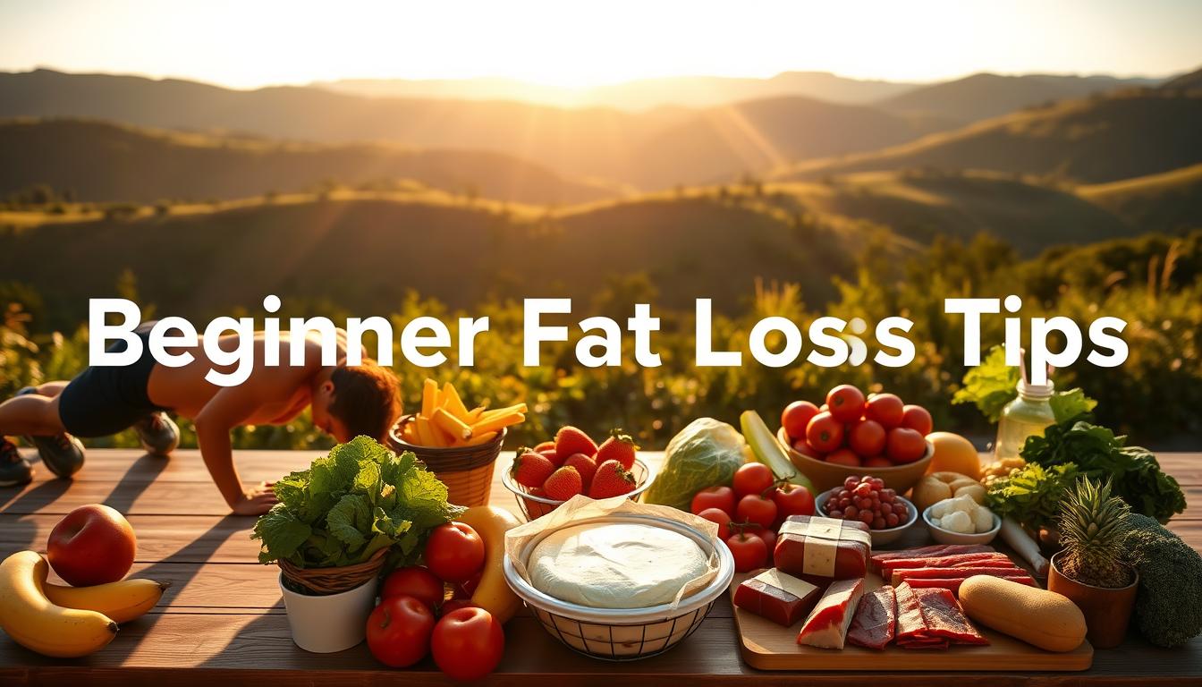 A vibrant scene showcasing beginner fat loss tips. In the foreground, a fit individual performing bodyweight exercises like pushups and squats. In the middle ground, healthy food options like fresh fruits, vegetables, and lean proteins. The background features a serene, sun-drenched landscape with rolling hills and lush greenery. Warm, natural lighting illuminates the scene, creating a sense of vitality and energy. The overall mood is one of wellness, balance, and the attainability of natural fat-burning success for beginners. A vibrant scene showcasing beginner fat loss tips. In the foreground, a fit individual performing bodyweight exercises like pushups and squats. In the middle ground, healthy food options like fresh fruits, vegetables, and lean proteins. The background features a serene, sun-drenched landscape with rolling hills and lush greenery. Warm, natural lighting illuminates the scene, creating a sense of vitality and energy. The overall mood is one of wellness, balance, and the attainability of natural fat-burning success for beginners.