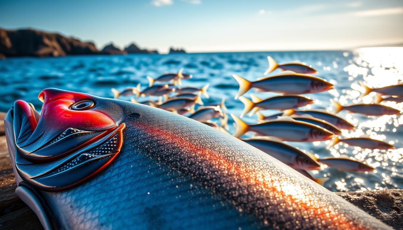 A vibrant seascape showcasing the benefits of fatty fish and their omega-3 content. In the foreground, a close-up of a freshly caught salmon, its scales glistening under warm, natural lighting. The middle ground features a school of herring swimming gracefully, their silvery bodies reflecting the sun's rays. In the background, a tranquil ocean scene with distant rocky cliffs and a clear, azure sky. The overall atmosphere exudes a sense of health, vitality, and the bountiful riches of the sea.