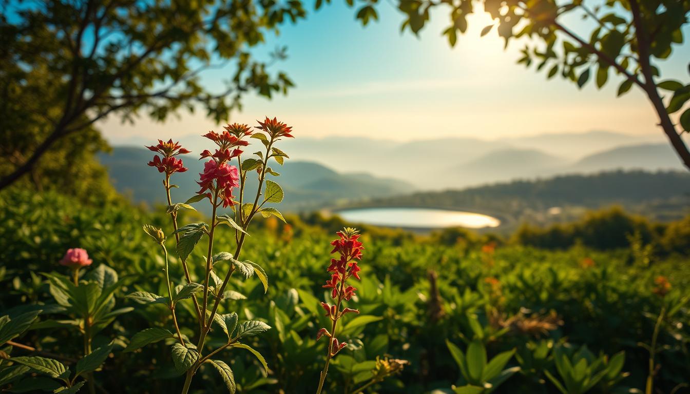 A vibrant, serene landscape filled with lush, verdant foliage. In the foreground, a cluster of adaptogens - Ashwagandha, Rhodiola, and Ginseng - stand tall, their leaves and flowers gently swaying in a warm, calming breeze. The middle ground showcases a tranquil pond, its surface reflecting the azure sky above. In the distance, rolling hills and a hazy, atmospheric backdrop create a sense of balance and harmony. The lighting is soft and diffused, casting a soothing, golden glow over the entire scene. The overall mood is one of serenity, peace, and the restorative power of nature's adaptogens.