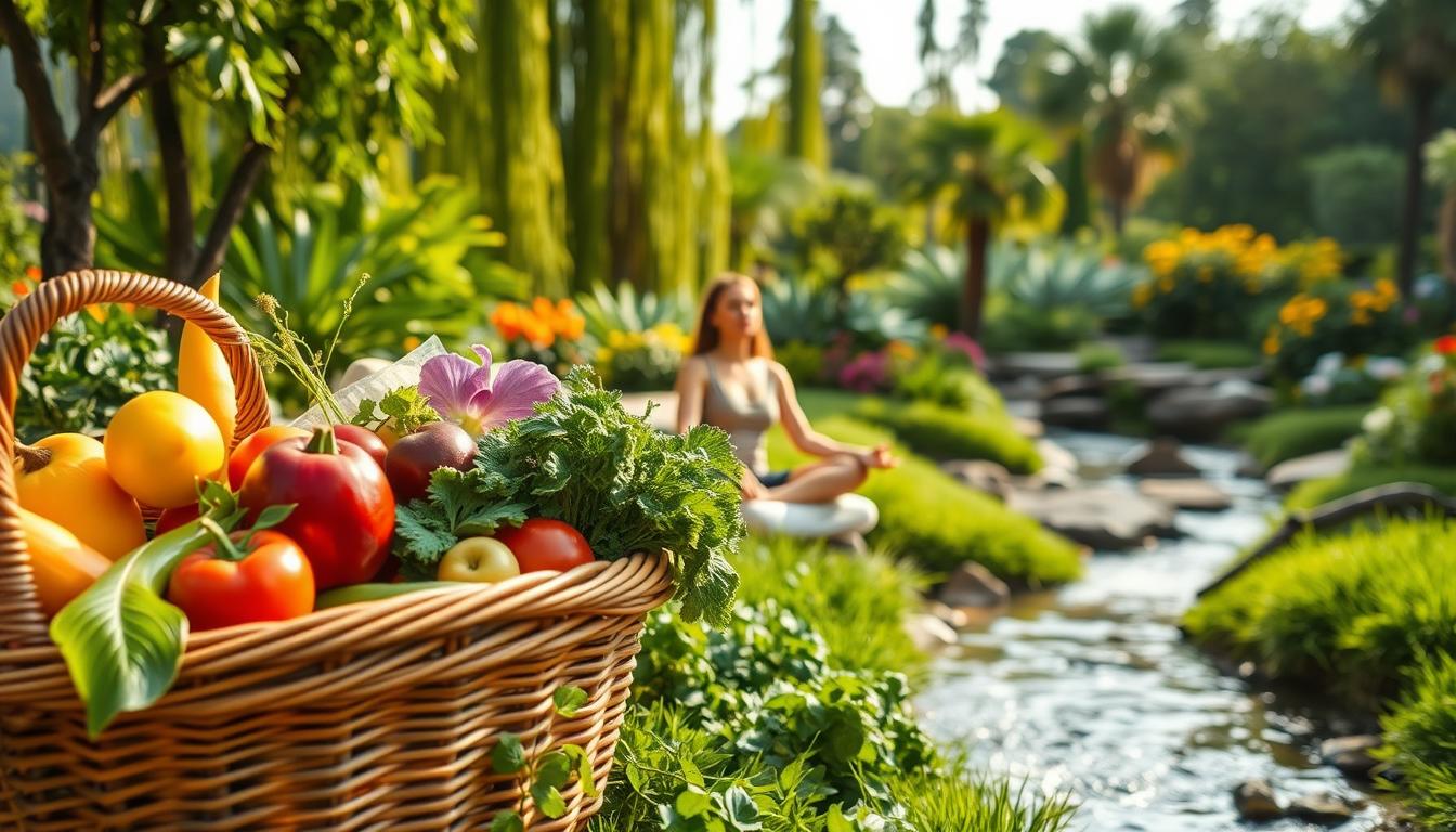 A vibrant, serene scene of a person relaxing in a lush, verdant garden, surrounded by an abundance of fresh produce and herbs. The foreground features a wicker basket overflowing with an assortment of colorful, organic fruits and vegetables, while the middle ground showcases the person sitting on a comfortable cushion, eyes closed in a meditative pose. The background depicts a well-tended garden, with towering trees, blooming flowers, and a tranquil stream flowing gently through the scene. Soft, natural lighting filters through the foliage, creating a warm, inviting atmosphere that conveys the message of detoxifying the body through wholesome, natural means without the need for extreme diets.