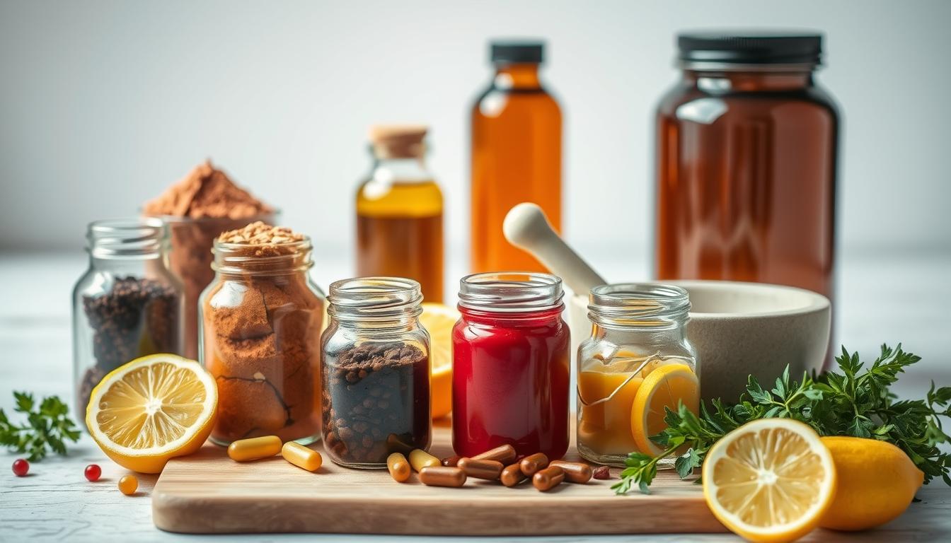 A vibrant still life arrangement depicting an assortment of carnivore diet supplements. In the foreground, a selection of glass bottles and jars filled with powders, capsules, and tinctures in various shades of red, brown, and gold. The middle ground features a cutting board with sliced lemon, a mortar and pestle, and a sprig of fresh herbs. The background is a clean, light-filled space with soft, even lighting, emphasizing the natural, wholesome qualities of the supplements. The overall composition conveys a sense of balance, health, and vitality, inviting the viewer to explore the beneficial supplements essential for a successful carnivore diet.