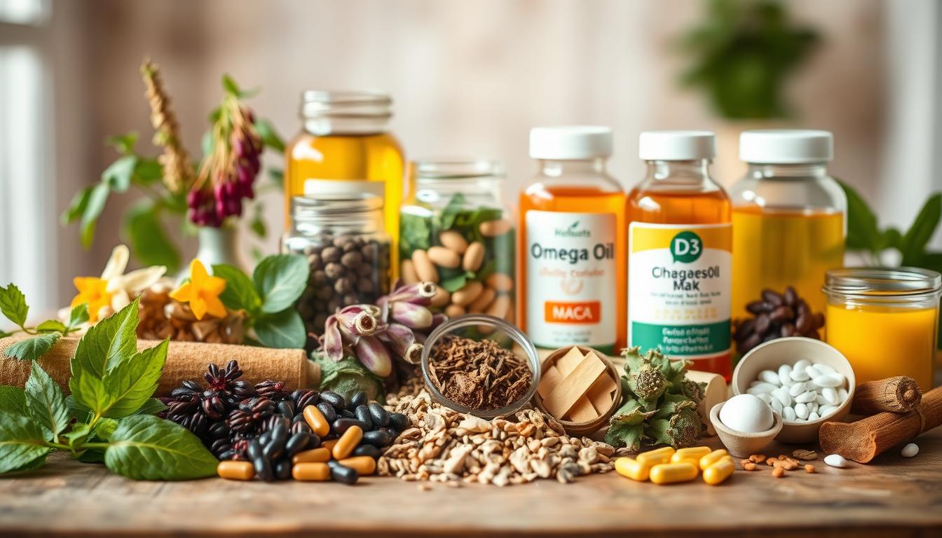 A vibrant still life arrangement of a variety of herbs and supplements for hormone health. In the foreground, a selection of fresh and dried herbs such as chasteberry, black cohosh, maca, and ashwagandha are displayed on a wooden table. The middle ground features glass jars filled with various supplements like evening primrose oil, omega-3 capsules, and vitamin D3. The background has a soft, blurred effect, creating a sense of depth and focus on the herbal and supplemental elements. Warm, natural lighting casts a gentle glow over the scene, accentuating the earthy tones and creating a calming, holistic atmosphere.