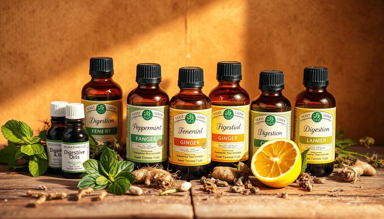 A vibrant still life arrangement of various essential oils for digestion, including peppermint, fennel, ginger, and lemon. The bottles are arranged on a wooden surface with a textured background, bathed in warm, golden lighting. The glass bottles catch the light, creating a sense of depth and dimension. The composition is balanced, with the oils taking center stage, surrounded by complementary natural elements like dried herbs or flowers. The overall mood is soothing and inviting, conveying the restorative properties of these essential oils for digestive well-being.