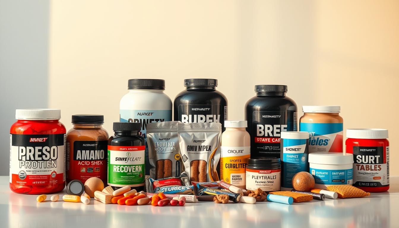 A vibrant still life arrangement showcasing a variety of dietary supplements against a clean, well-lit background. In the foreground, an assortment of protein powder containers, amino acid capsules, and recovery shakes are displayed prominently. The middle ground features a selection of sports nutrition bars, electrolyte tablets, and muscle-soothing creams. The background subtly hints at a modern, minimalist environment, perhaps a sleek kitchen counter or a simple studio setting, allowing the supplements to take center stage. Warm, directional lighting casts dynamic shadows, accentuating the textures and colors of the various products. The overall composition conveys a sense of health, vitality, and the essential role of supplements in post-workout recovery. A vibrant still life arrangement showcasing a variety of dietary supplements against a clean, well-lit background. In the foreground, an assortment of protein powder containers, amino acid capsules, and recovery shakes are displayed prominently. The middle ground features a selection of sports nutrition bars, electrolyte tablets, and muscle-soothing creams. The background subtly hints at a modern, minimalist environment, perhaps a sleek kitchen counter or a simple studio setting, allowing the supplements to take center stage. Warm, directional lighting casts dynamic shadows, accentuating the textures and colors of the various products. The overall composition conveys a sense of health, vitality, and the essential role of supplements in post-workout recovery.
