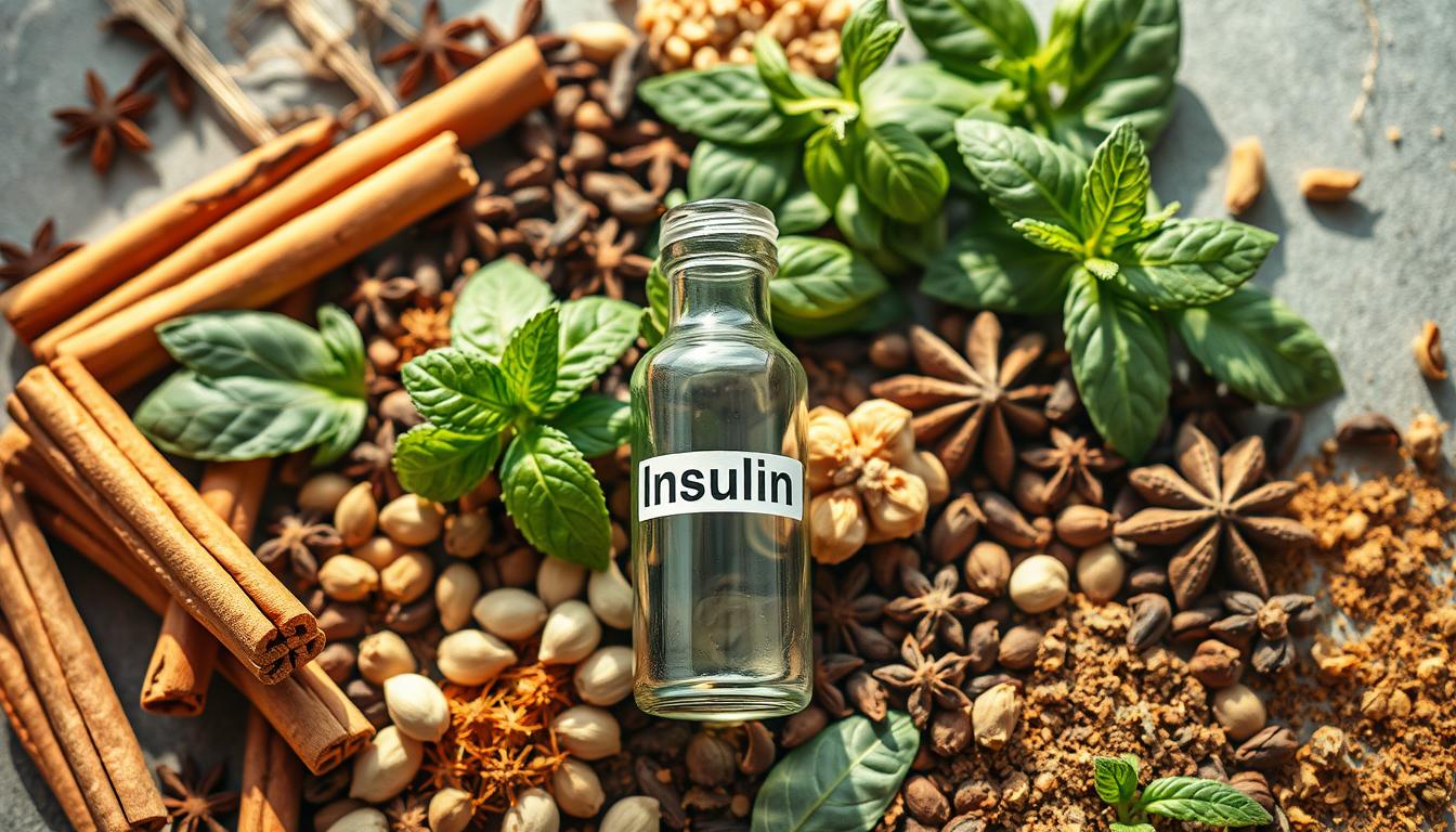 A vibrant still life arrangement showcasing an array of aromatic herbs and spices, including cinnamon sticks, cloves, cardamom pods, and various leafy herbs. The composition is shot from an overhead perspective, highlighting the interplay of colors, textures, and shapes. The lighting is warm and natural, casting gentle shadows that accentuate the depth and dimensionality of the scene. In the foreground, a glass bottle labeled "Insulin" sits among the herbs and spices, symbolizing the potential impact of these flavorful ingredients on insulin sensitivity and fat metabolism. The overall mood is one of richness, vitality, and the power of nature's bounty to support a healthy, balanced lifestyle.