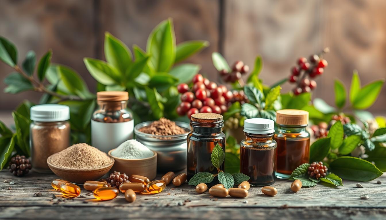 A vibrant still life arrangement showcasing an assortment of natural supplements for weight loss. In the foreground, an array of capsules, powders, and herbal tinctures in earthy tones are elegantly displayed on a rustic wooden surface. The middle ground features lush green leaves, berries, and other botanicals that are the key ingredients in these natural remedies. Soft, warm lighting illuminates the scene, casting gentle shadows and highlighting the natural textures. The overall mood is one of balance, wellness, and a holistic approach to supporting healthy weight management.
