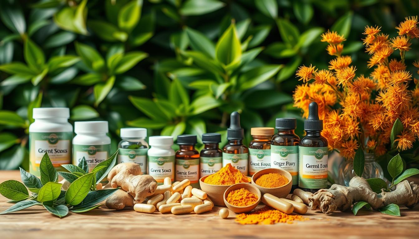 A vibrant still life arrangement showcasing an assortment of natural supplements for weight loss. In the foreground, an array of botanical ingredients such as green tea leaves, ginger root, and turmeric powder are neatly displayed on a wooden surface. In the middle ground, various capsules, tablets, and tincture bottles are arranged in an aesthetically pleasing manner, highlighting the potency and purity of the formulations. The background features lush, verdant foliage, creating a serene and calming atmosphere that emphasizes the natural and holistic approach to weight management. Soft, warm lighting illuminates the scene, accentuating the rich colors and textures of the natural elements. The overall composition conveys a sense of balance, vitality, and the promise of a healthier, more sustainable weight loss journey.