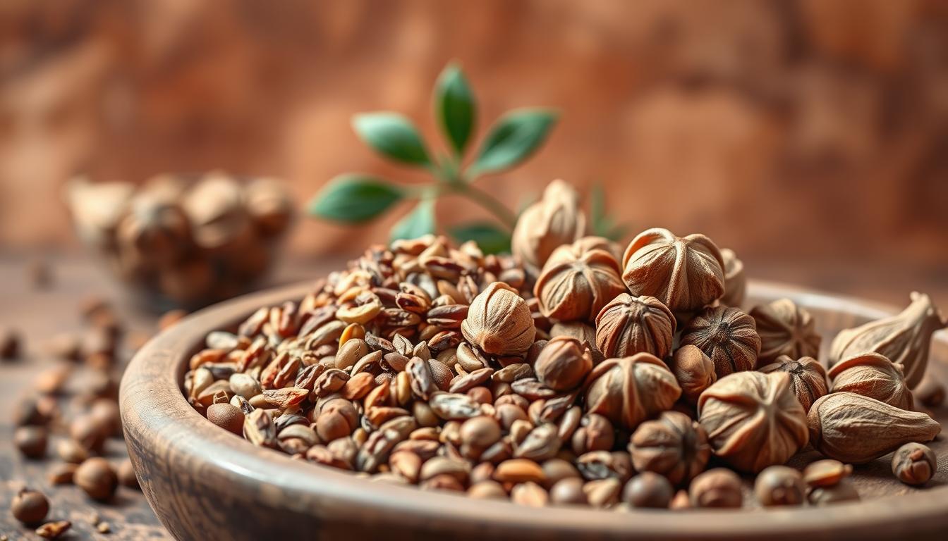 A vibrant, still-life composition of cumin and cardamom spices set against a warm, earthy backdrop. In the foreground, the cumin seeds and cardamom pods are arranged in a rustic, wooden bowl, their rich, earthy hues contrasting with the soft, muted tones of the background. Soft, side lighting illuminates the textural details of the spices, casting gentle shadows and highlights that add depth and dimension to the scene. The overall mood is one of natural, nourishing simplicity, reflecting the energizing and weight management properties of these aromatic herbs.
