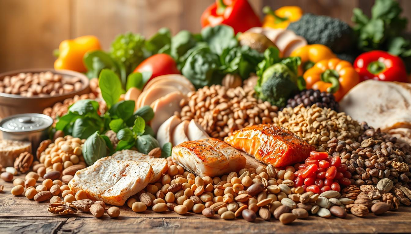 A vibrant still life composition showcasing a diverse array of protein-rich foods on a rustic wooden table. In the foreground, a selection of lean meats such as grilled chicken, pan-seared salmon, and sliced turkey are arranged alongside hearty legumes like chickpeas, lentils, and kidney beans. The middle ground features an assortment of nuts and seeds, including almonds, walnuts, and sunflower seeds, while the background is filled with fresh produce like spinach, broccoli, and bell peppers. The scene is bathed in warm, natural lighting, creating a sense of vitality and nourishment. The overall mood is one of abundance and health, perfectly capturing the essence of "Protein-Rich Foods to Fight Illness". A vibrant still life composition showcasing a diverse array of protein-rich foods on a rustic wooden table. In the foreground, a selection of lean meats such as grilled chicken, pan-seared salmon, and sliced turkey are arranged alongside hearty legumes like chickpeas, lentils, and kidney beans. The middle ground features an assortment of nuts and seeds, including almonds, walnuts, and sunflower seeds, while the background is filled with fresh produce like spinach, broccoli, and bell peppers. The scene is bathed in warm, natural lighting, creating a sense of vitality and nourishment. The overall mood is one of abundance and health, perfectly capturing the essence of "Protein-Rich Foods to Fight Illness".