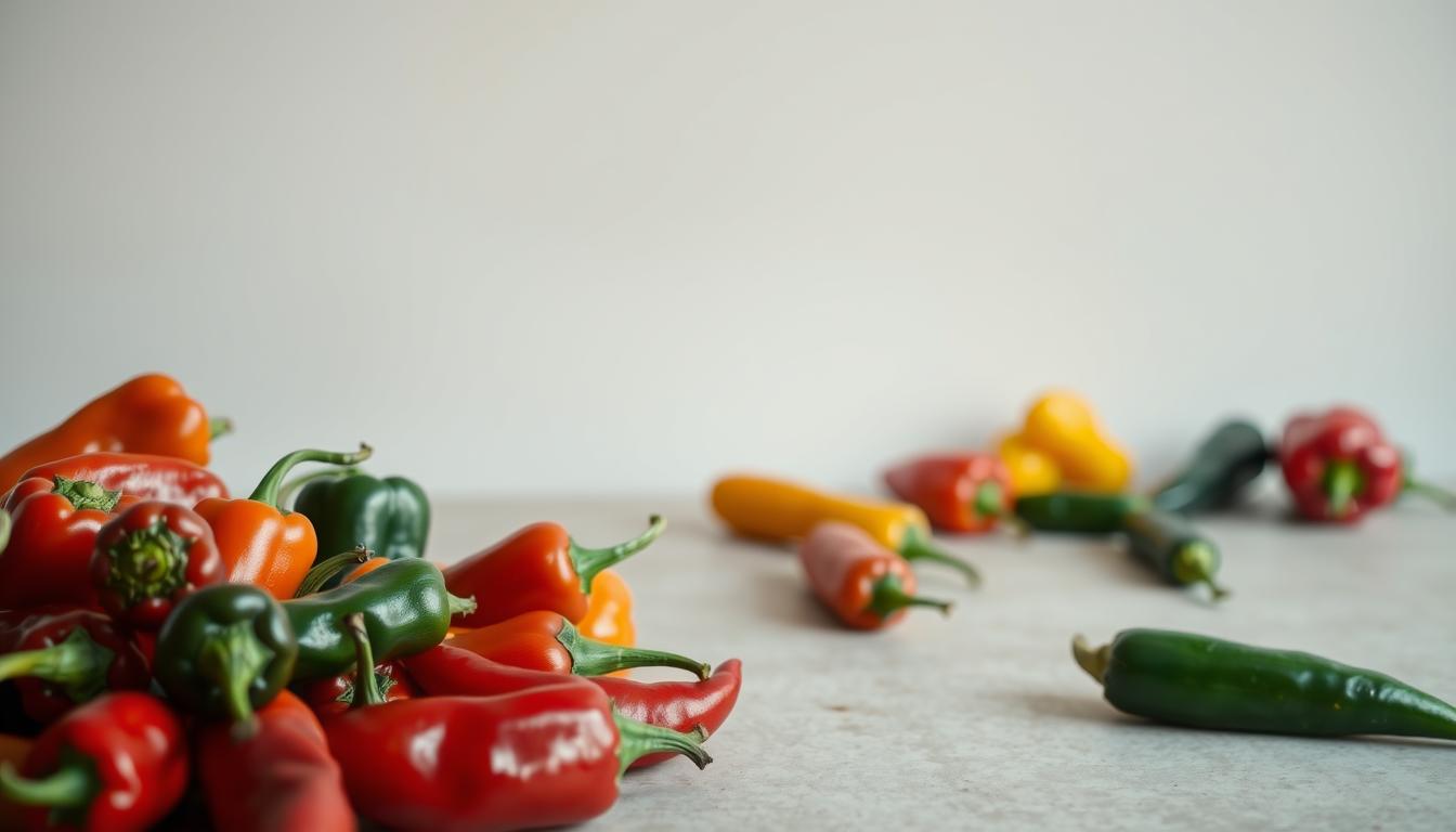 A vibrant still life composition showcasing an array of chili peppers in various shapes, sizes, and colors. The peppers are arranged in the foreground, their glossy, textured surfaces illuminated by a warm, directional light. The middle ground features a smooth, neutral-toned surface, creating a contrasting backdrop that allows the peppers to stand out. The background is softly blurred, hinting at a serene, minimalist environment that focuses the viewer's attention on the peppers and their potential fat-burning benefits. The overall image exudes a sense of energy, vibrancy, and the health-promoting properties of these spicy capsicum fruits.