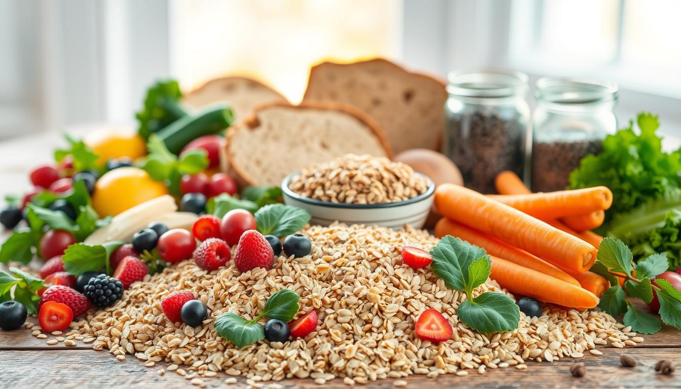 A vibrant still life composition showcasing an array of high-fiber foods. In the foreground, a variety of whole grains such as oats, quinoa, and brown rice spill across a rustic wooden table. Interspersed are an assortment of fresh fruits and vegetables, including brightly colored berries, leafy greens, and crunchy carrots. The middle ground features a few whole-wheat bread slices, a bowl of hearty lentils, and a glass jar filled with chia seeds. The background is softly blurred, hinting at a warm, natural light filtering through a window. The overall scene exudes a sense of nourishment, health, and the vibrant colors of a balanced, fiber-rich diet.