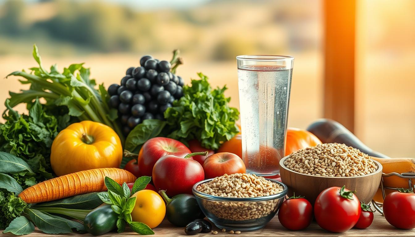 A vibrant still life depicting an array of fresh, nutritious ingredients: an assortment of colorful fruits and vegetables, a glass of clear, sparkling water, and a bowl of whole grains. The lighting is warm and natural, casting a gentle glow on the scene. The composition is balanced, with the produce arranged in an appealing, symmetrical pattern. The overall mood is one of health, vitality, and the pursuit of optimal wellness. In the background, a soft, blurred landscape hints at the connection between the natural world and human nourishment. A vibrant still life depicting an array of fresh, nutritious ingredients: an assortment of colorful fruits and vegetables, a glass of clear, sparkling water, and a bowl of whole grains. The lighting is warm and natural, casting a gentle glow on the scene. The composition is balanced, with the produce arranged in an appealing, symmetrical pattern. The overall mood is one of health, vitality, and the pursuit of optimal wellness. In the background, a soft, blurred landscape hints at the connection between the natural world and human nourishment.