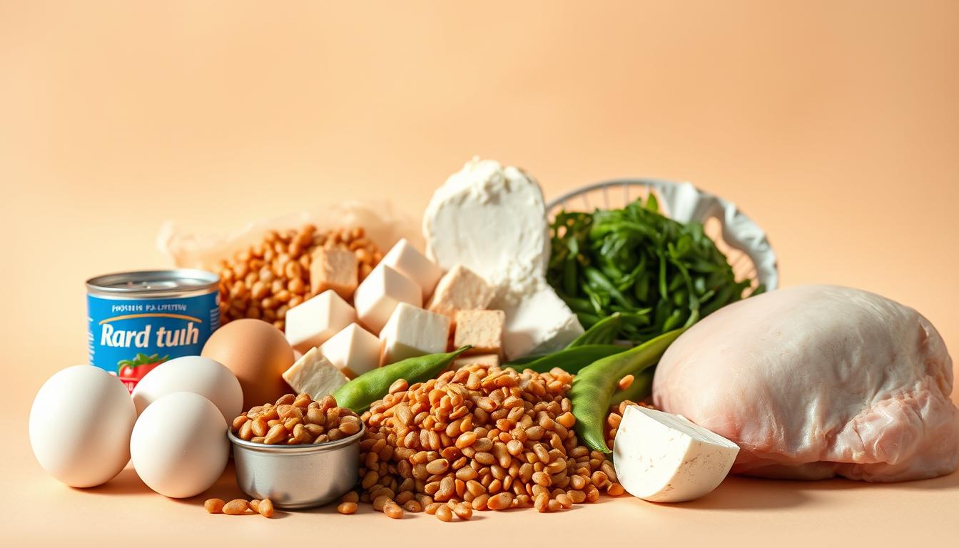 A vibrant still life featuring an assortment of affordable protein sources, artfully arranged against a clean, minimalist background. In the foreground, a selection of eggs, canned tuna, lentils, and chicken thighs, each casting soft shadows. In the middle ground, sliced tofu, edamame, and cottage cheese nestle among the other ingredients. The background is a simple, neutral-toned surface, allowing the rich colors and textures of the proteins to take center stage. The lighting is soft and diffused, creating a warm, inviting atmosphere. The composition is balanced and visually striking, showcasing the diverse range of budget-friendly protein options.