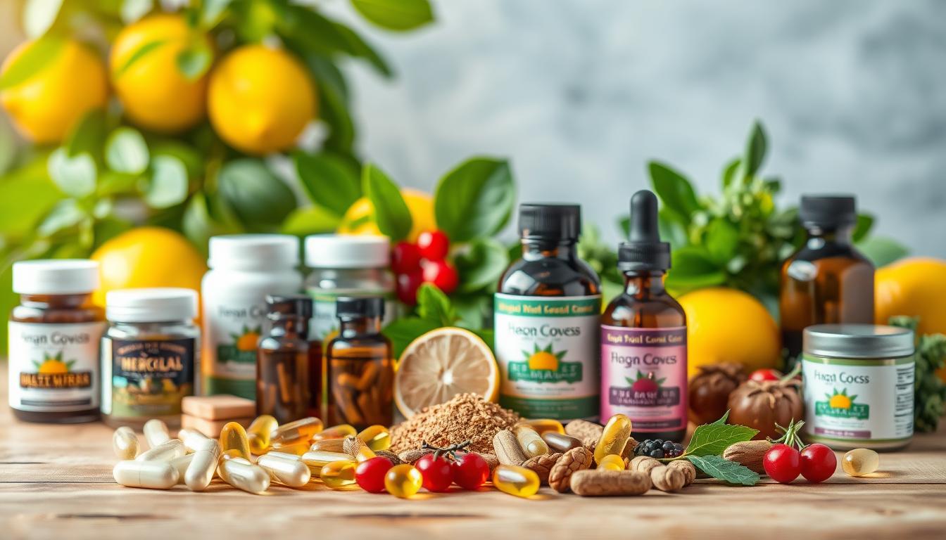 A vibrant still life featuring an assortment of natural weight loss supplements. In the foreground, a variety of herbal capsules, powders, and tinctures are artfully arranged on a wooden surface, with a soft, warm lighting illuminating their colors and textures. In the middle ground, lush green leaves and fresh fruits, such as lemons and berries, add a sense of vitality and purity. The background is blurred, creating a sense of depth and focus on the central elements. The overall composition conveys a sense of balance, health, and the power of nature to aid in weight loss in a safe and natural way.