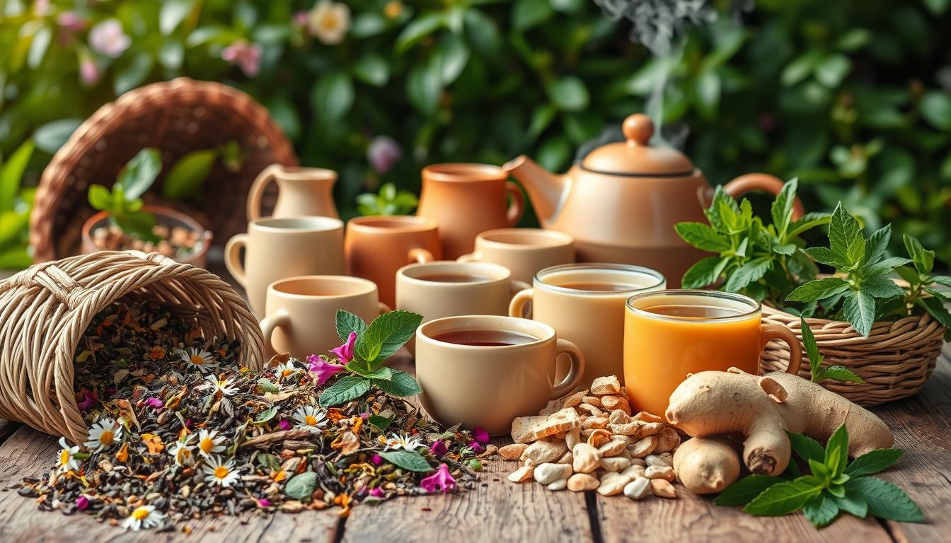 A vibrant still life of an assortment of herbal tea varieties arranged on a rustic wooden table. In the foreground, a selection of tea leaves, flowers, and herbs such as chamomile, peppermint, and ginger spill out of woven baskets. The middle ground features a variety of ceramic teacups and teapots in earthy tones, along with a teapot steaming with aromatic herbal infusion. The background showcases a lush, verdant backdrop, hinting at the natural origins of these wellness-focused teas. Soft, warm lighting illuminates the scene, creating a cozy, inviting atmosphere that evokes the soothing and rejuvenating properties of these herbal tea blends designed for weight loss.