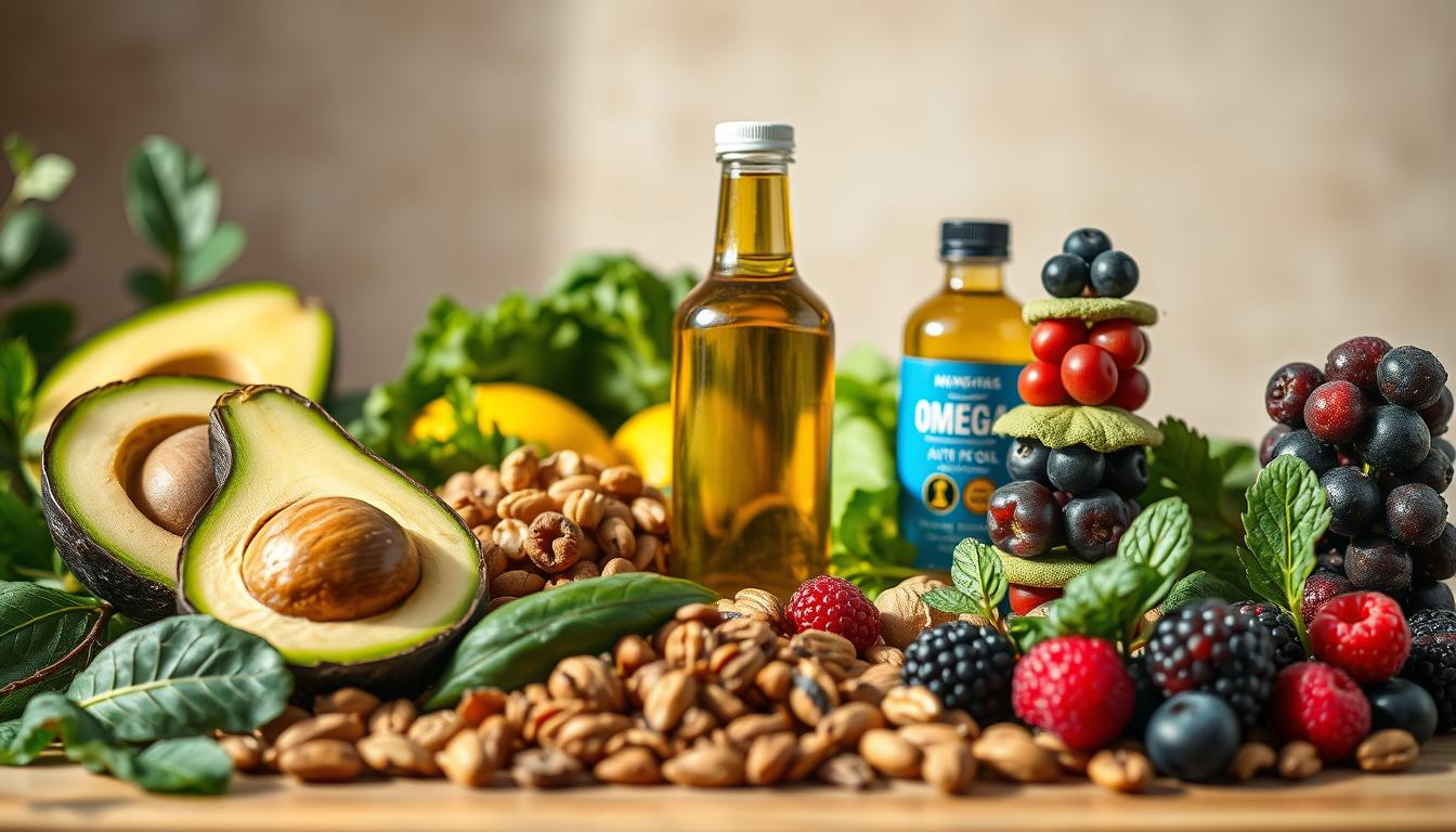A vibrant still life of essential nutrients for natural fat burning, captured in soft, natural lighting. In the foreground, a collection of whole foods - avocado, nuts, olive oil, and leafy greens - arranged artfully. In the middle ground, a glass bottle of omega-3 rich fish oil and a stack of antioxidant-packed berries. The background features a neutral, earthy backdrop, allowing the vibrant colors and textures of the nutrients to take center stage. The overall composition conveys a sense of health, vitality, and the power of nature's bounty to support the body's natural fat-burning processes. A vibrant still life of essential nutrients for natural fat burning, captured in soft, natural lighting. In the foreground, a collection of whole foods - avocado, nuts, olive oil, and leafy greens - arranged artfully. In the middle ground, a glass bottle of omega-3 rich fish oil and a stack of antioxidant-packed berries. The background features a neutral, earthy backdrop, allowing the vibrant colors and textures of the nutrients to take center stage. The overall composition conveys a sense of health, vitality, and the power of nature's bounty to support the body's natural fat-burning processes.