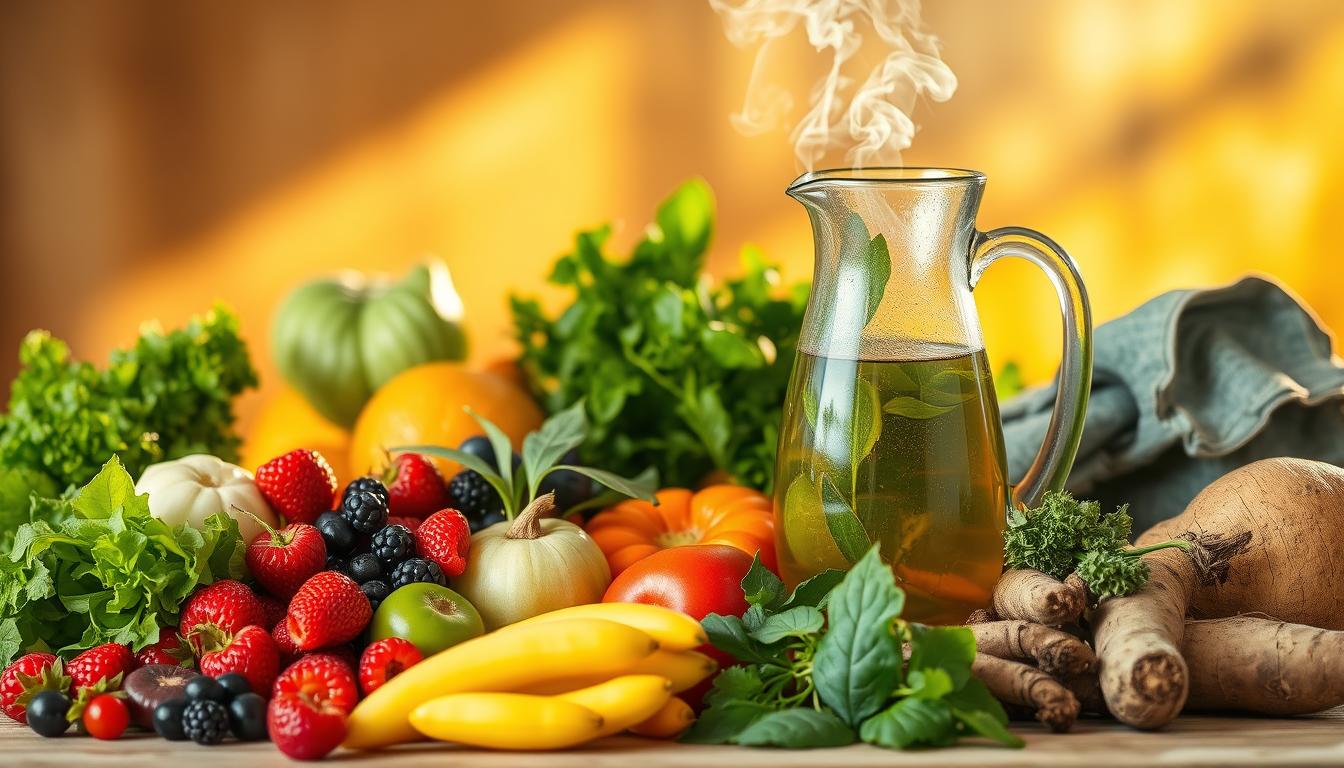 A vibrant still life of nutritious foods arranged to symbolize the role of nutrition in combating toxins. In the foreground, an array of organic fruits and vegetables - bright berries, crisp leafy greens, and earthy root vegetables. In the middle ground, a glass carafe filled with a detoxifying herbal tonic, steam rising from the surface. The background is bathed in warm, natural lighting, casting a golden glow on the scene. The overall composition conveys a sense of balance, vitality, and the power of wholesome nutrition to support the body's natural detoxification processes.