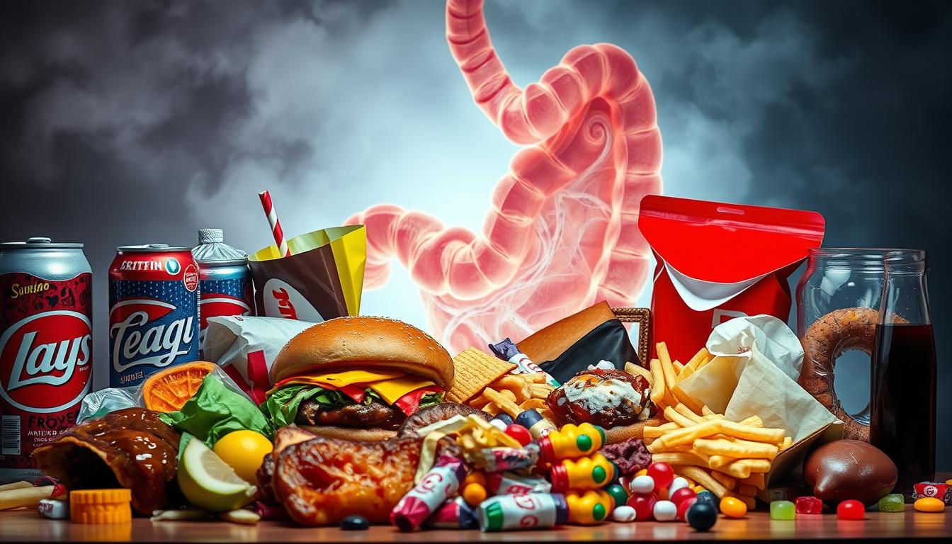 A vibrant still life of unhealthy processed foods positioned against a backdrop of an unsettled gut. In the foreground, a chaotic arrangement of brightly colored junk food - sugary sodas, greasy burgers, salty chips, and syrupy candies. In the middle ground, a translucent overlay depicts a troubled digestive system, with swirling shapes and unsettled textures. The background is hazy and dreamlike, conveying the sense of discomfort and unease associated with poor gut health. Dramatic lighting casts deep shadows, emphasizing the contrast between the alluring processed foods and the turbulent internal landscape. The overall mood is one of tension and unease, highlighting the detrimental effects of unhealthy eating on gut well-being.