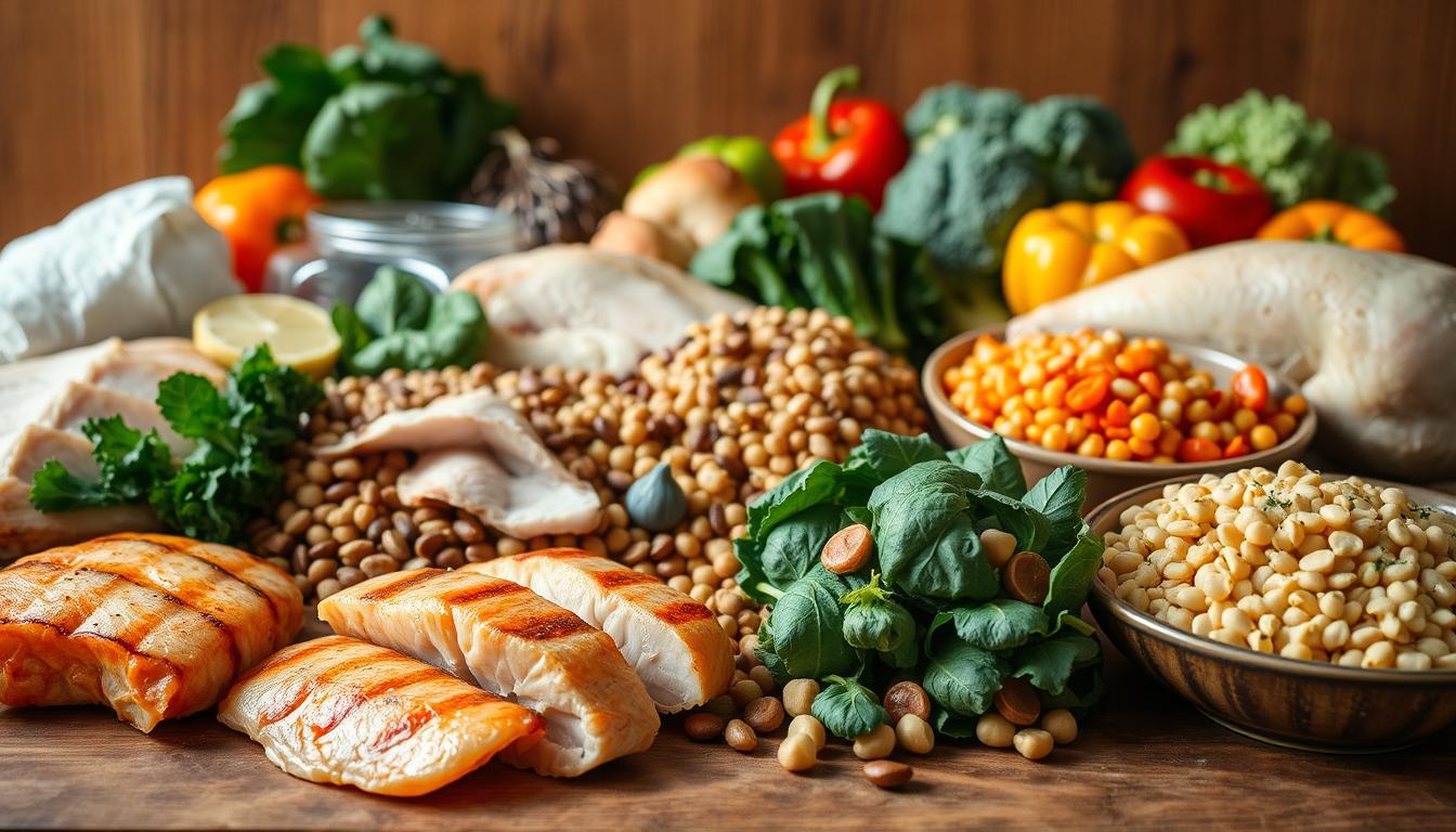 A vibrant still life of various high-protein, metabolism-boosting foods arranged on a wooden table. In the foreground, a selection of lean meats like grilled chicken, salmon, and turkey. In the middle ground, a mix of nutrient-dense legumes, such as lentils, chickpeas, and kidney beans. In the background, a variety of leafy greens, including spinach and kale, along with other vegetables like broccoli and bell peppers. The lighting is warm and natural, casting a soft glow over the scene. The camera angle is slightly elevated, providing a clear, unobstructed view of the bounty of wholesome, fat-burning ingredients.