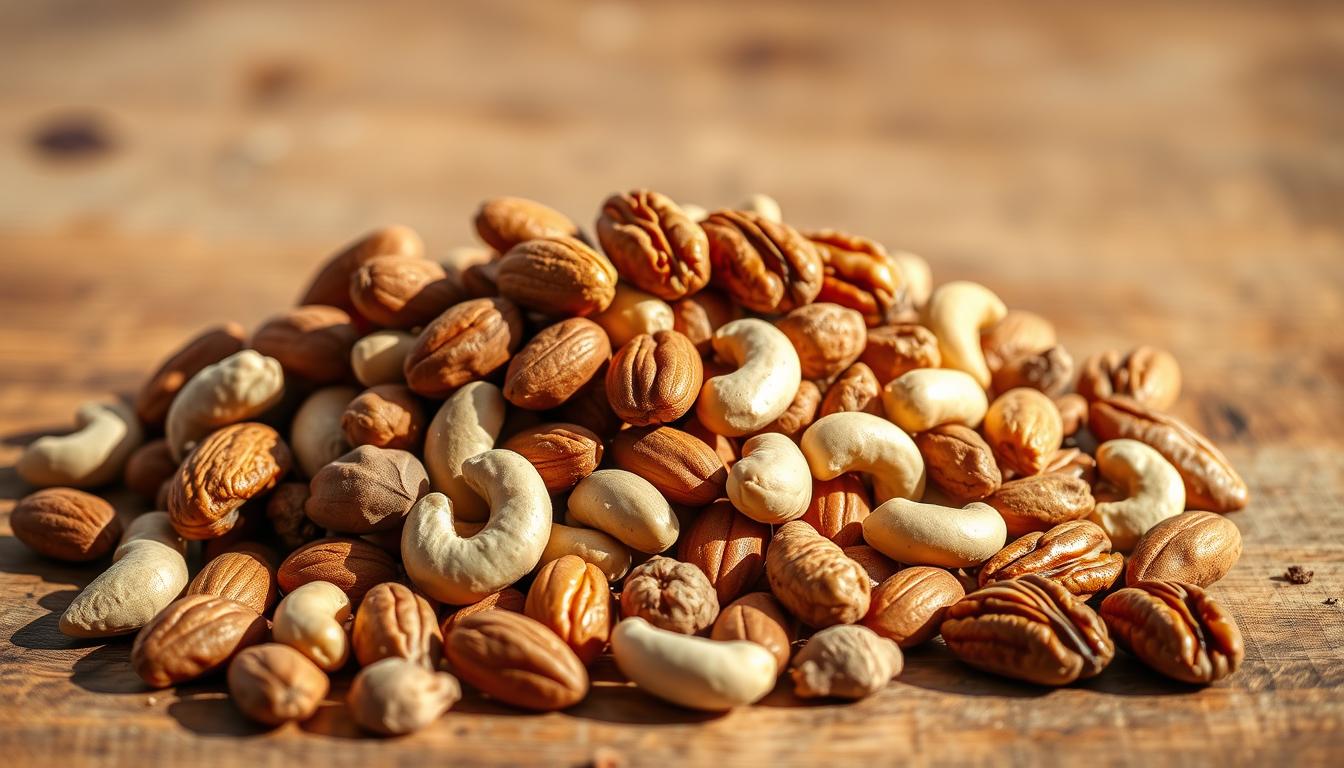 A vibrant still life scene depicting an assortment of various nuts, including almonds, cashews, and pecans, arranged on a rustic wooden surface. The nuts are illuminated by warm, natural lighting, casting soft shadows and highlighting their rich, earthy tones. The composition is balanced, with the nuts taking center stage, surrounded by a minimal, uncluttered background that allows the viewer to focus on their satisfying texture and wholesome appeal. The image conveys a sense of nourishment, health, and the pleasurable experience of enjoying a handful of these versatile, nutritious snacks as part of a weight-conscious lifestyle.