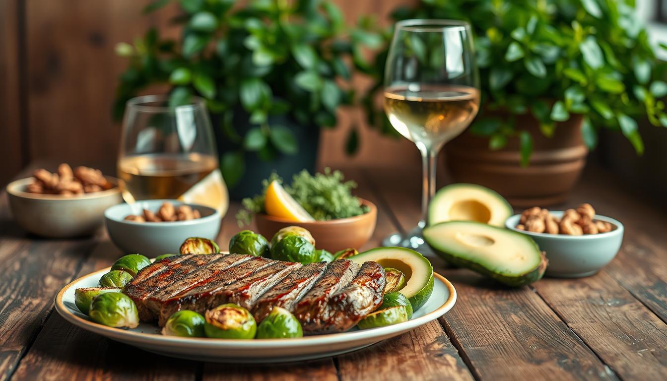 A vibrant still life scene of hearty low-carb dinner items arranged on a rustic wooden table. In the foreground, a plate showcases a juicy grilled steak, roasted Brussels sprouts, and a side of creamy avocado. In the middle ground, a glass of crisp white wine, a wedge of lemon, and a small bowl of toasted nuts. The background features a lush, verdant potted plant and a warm, natural lighting that casts a soft glow across the composition. Captured with a shallow depth of field and a slightly elevated camera angle to emphasize the textures and colors of the scene.