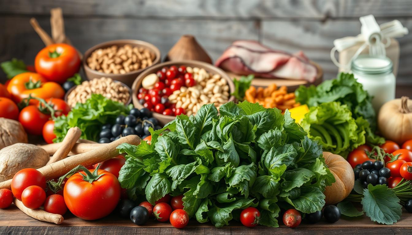 A vibrant still life scene of wholesome, single-ingredient foods arranged on a rustic wooden table. In the foreground, a bounty of fresh produce - crisp leafy greens, juicy tomatoes, earthy roots, and vibrant berries. The middle ground showcases hearty whole grains, legumes, and nuts, while the background hints at unprocessed meat and dairy. Soft, natural lighting casts a warm glow, accentuating the rich colors and textures. The composition conveys a sense of balance, simplicity, and the nourishing power of whole, minimally processed ingredients. A vibrant still life scene of wholesome, single-ingredient foods arranged on a rustic wooden table. In the foreground, a bounty of fresh produce - crisp leafy greens, juicy tomatoes, earthy roots, and vibrant berries. The middle ground showcases hearty whole grains, legumes, and nuts, while the background hints at unprocessed meat and dairy. Soft, natural lighting casts a warm glow, accentuating the rich colors and textures. The composition conveys a sense of balance, simplicity, and the nourishing power of whole, minimally processed ingredients.