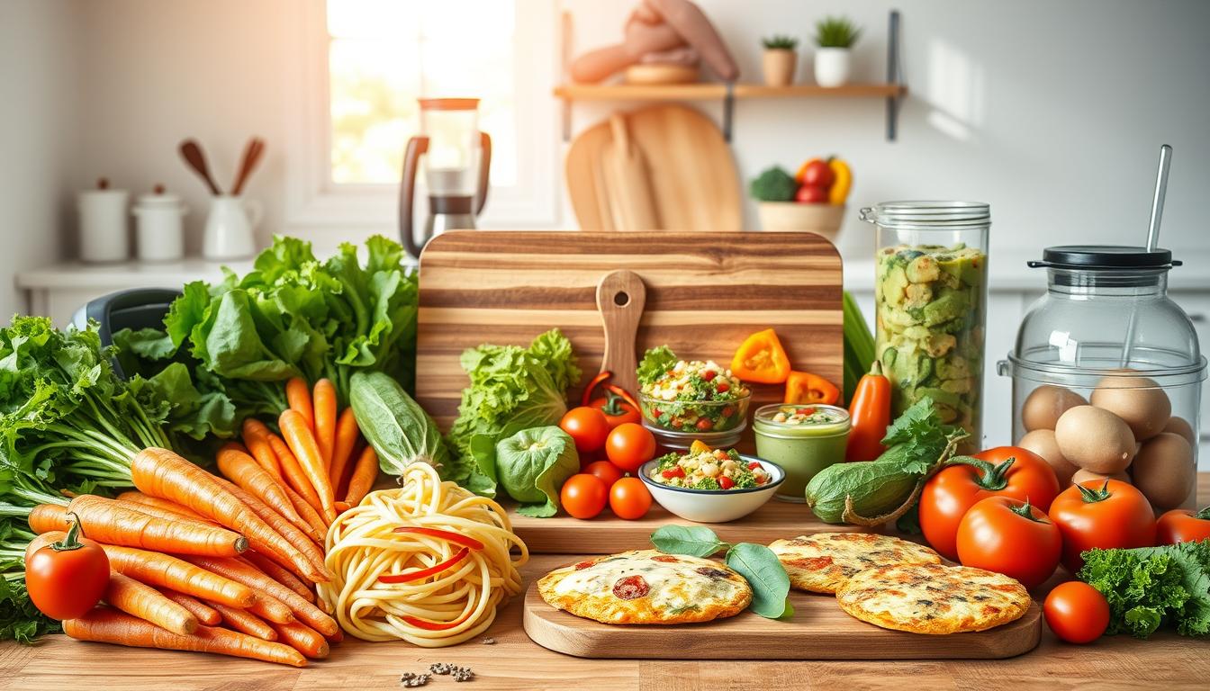 A vibrant still life scene showcasing an array of creative vegetable intake hacks. In the foreground, a variety of fresh produce - leafy greens, vibrant carrots, crisp bell peppers, and juicy tomatoes - are arranged artfully, accompanied by kitchen tools like a spiralizer, a blender, and a salad spinner. In the middle ground, a wooden board displays innovative serving ideas, such as veggie noodle bowls, smoothie parfaits, and veggie-packed frittatas. The background features a minimalist kitchen setting with natural light filtering in, casting a warm glow over the scene. The overall atmosphere is one of inspiration and simplicity, encouraging the viewer to embrace easy, delicious ways to boost their vegetable intake. Prompt A vibrant still life scene showcasing an array of creative vegetable intake hacks. In the foreground, a variety of fresh produce - leafy greens, vibrant carrots, crisp bell peppers, and juicy tomatoes - are arranged artfully, accompanied by kitchen tools like a spiralizer, a blender, and a salad spinner. In the middle ground, a wooden board displays innovative serving ideas, such as veggie noodle bowls, smoothie parfaits, and veggie-packed frittatas. The background features a minimalist kitchen setting with natural light filtering in, casting a warm glow over the scene. The overall atmosphere is one of inspiration and simplicity, encouraging the viewer to embrace easy, delicious ways to boost their vegetable intake. Prompt