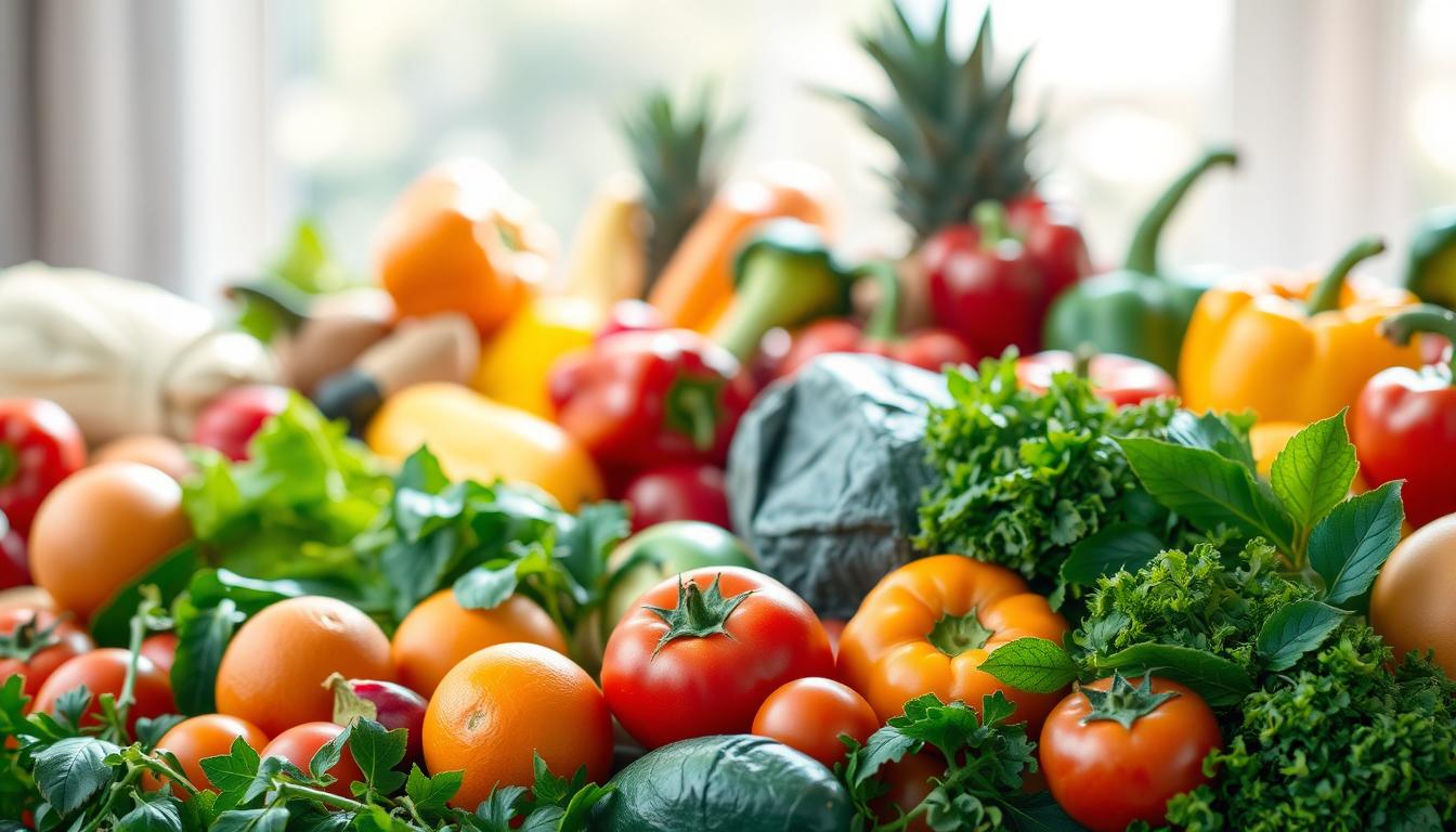 A vibrant still life showcasing a diverse array of colorful fruits and vegetables against a softly blurred, sunlit background. In the foreground, a lush assortment of fresh produce, including juicy oranges, ripe tomatoes, leafy greens, and vibrant bell peppers, arranged in an artful, natural composition. The middle ground features additional fruits and vegetables, each bursting with vivid hues, creating a visually striking and appetizing display. Soft, diffused lighting from the side gently illuminates the scene, casting gentle shadows and highlighting the natural textures and shapes of the produce. The overall mood is one of abundance, vitality, and the nourishing power of a diverse, plant-based diet. A vibrant still life showcasing a diverse array of colorful fruits and vegetables against a softly blurred, sunlit background. In the foreground, a lush assortment of fresh produce, including juicy oranges, ripe tomatoes, leafy greens, and vibrant bell peppers, arranged in an artful, natural composition. The middle ground features additional fruits and vegetables, each bursting with vivid hues, creating a visually striking and appetizing display. Soft, diffused lighting from the side gently illuminates the scene, casting gentle shadows and highlighting the natural textures and shapes of the produce. The overall mood is one of abundance, vitality, and the nourishing power of a diverse, plant-based diet.