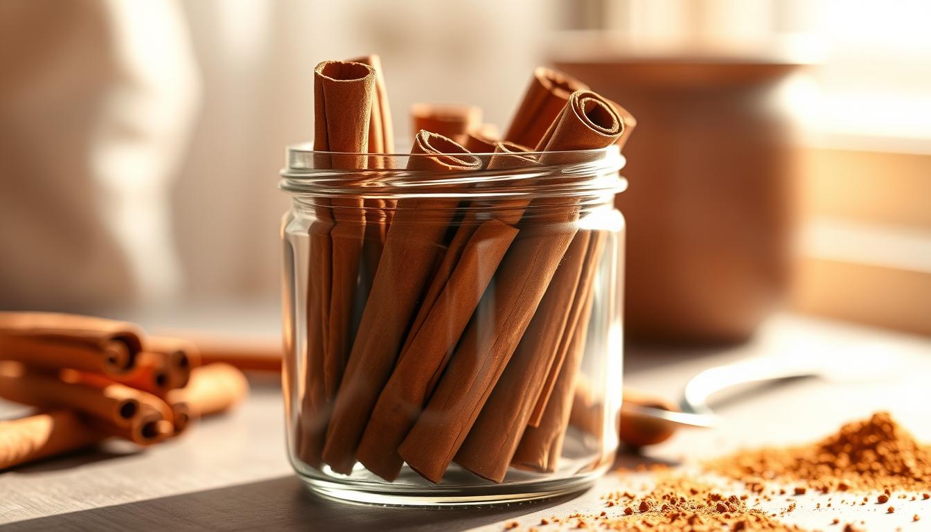A vibrant still life showcasing a glass jar filled with cinnamon sticks, illuminated by warm, natural lighting. The foreground features the jar prominently, its rich, earthy hues contrasting against a soft, blurred background. The cinnamon sticks are arranged artfully, their intricate patterns and textures capturing the eye. The middle ground introduces a few small, complementary elements, such as a spoon or a sprinkle of cinnamon powder, hinting at the versatility and culinary applications of this versatile spice. The overall atmosphere conveys a sense of wellness, balance, and the soothing, comforting properties of cinnamon, highlighting its potential to stabilize blood sugar levels.
